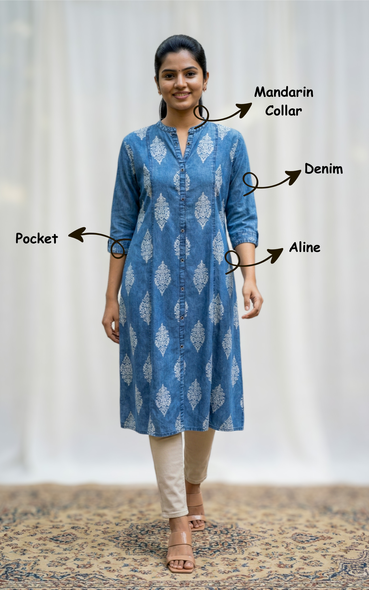 denim office wear kurti
elegant aline denim kurti with embroidery
formal denim kurti for office
simple denim kurti with pocket