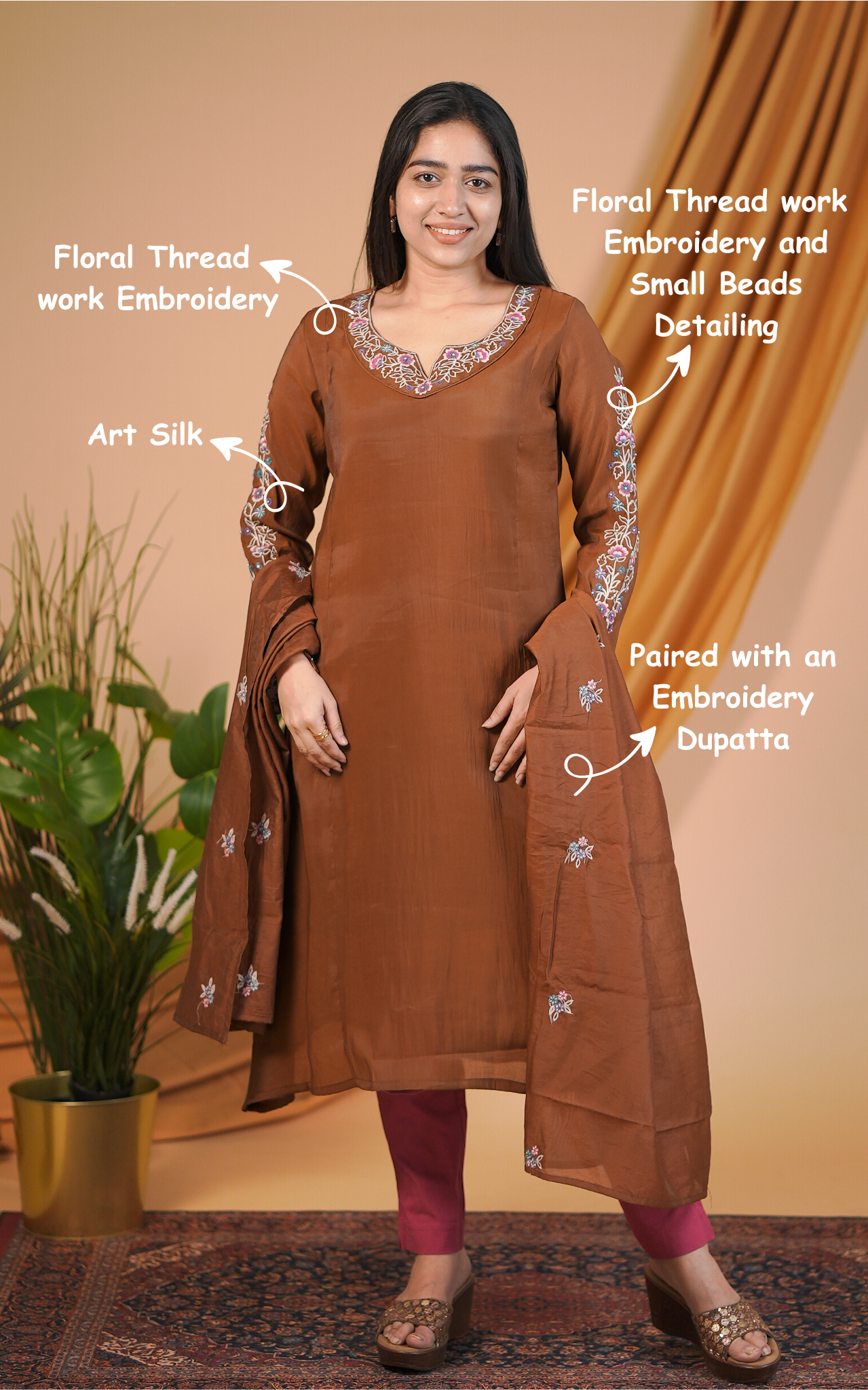 Instore – Brown Elakkiyam Kurti with Dupatta for Women – Art Silk – Festive Ethnic Wear