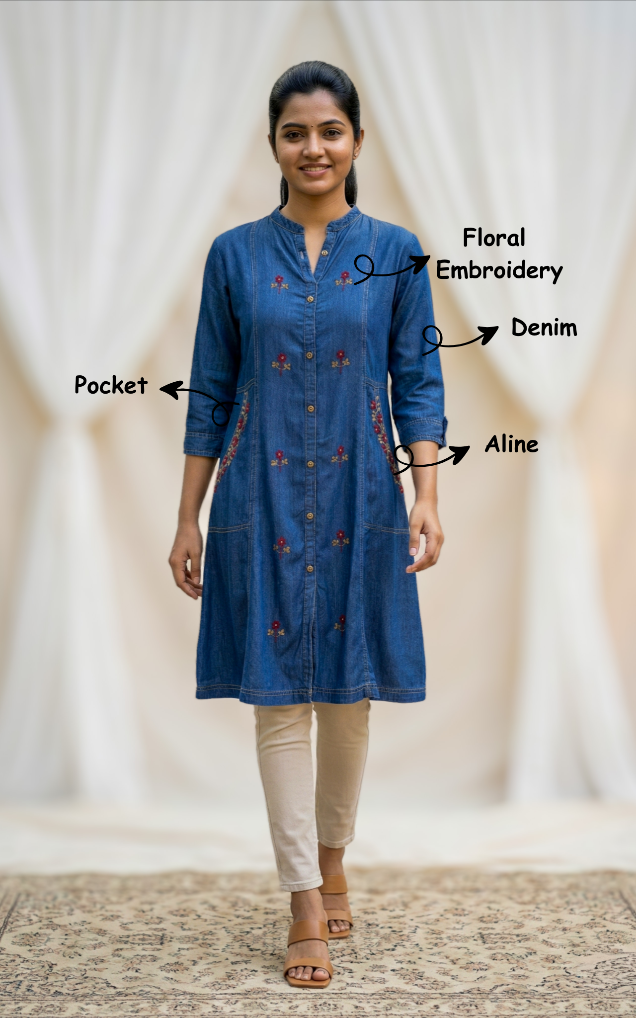 denim ethnic kurti
designer aline denim kurti
casual festive denim kurti with embroidery
traditional denim kurti with front slit