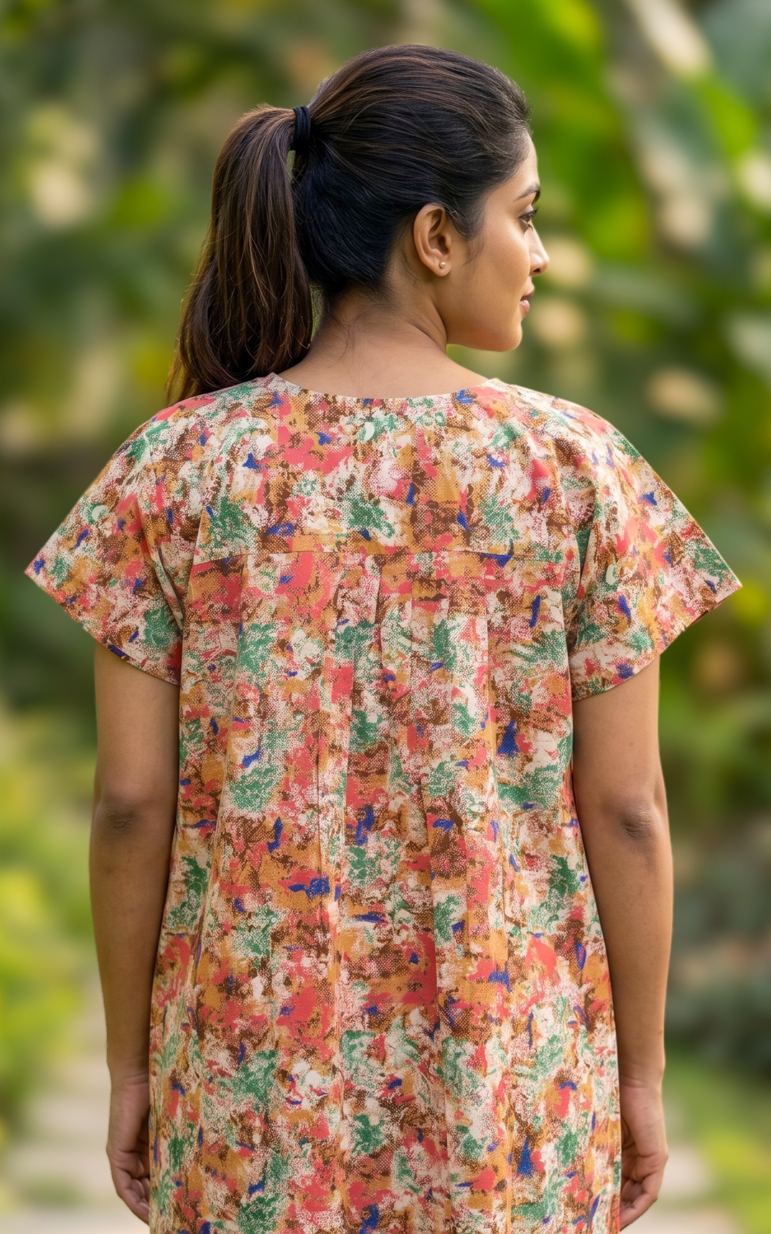 Instore - Multicolor Abstract Floral Print Cotton Long Nighty with Side Pocket, Relaxed Fit, Women's Sleepwear