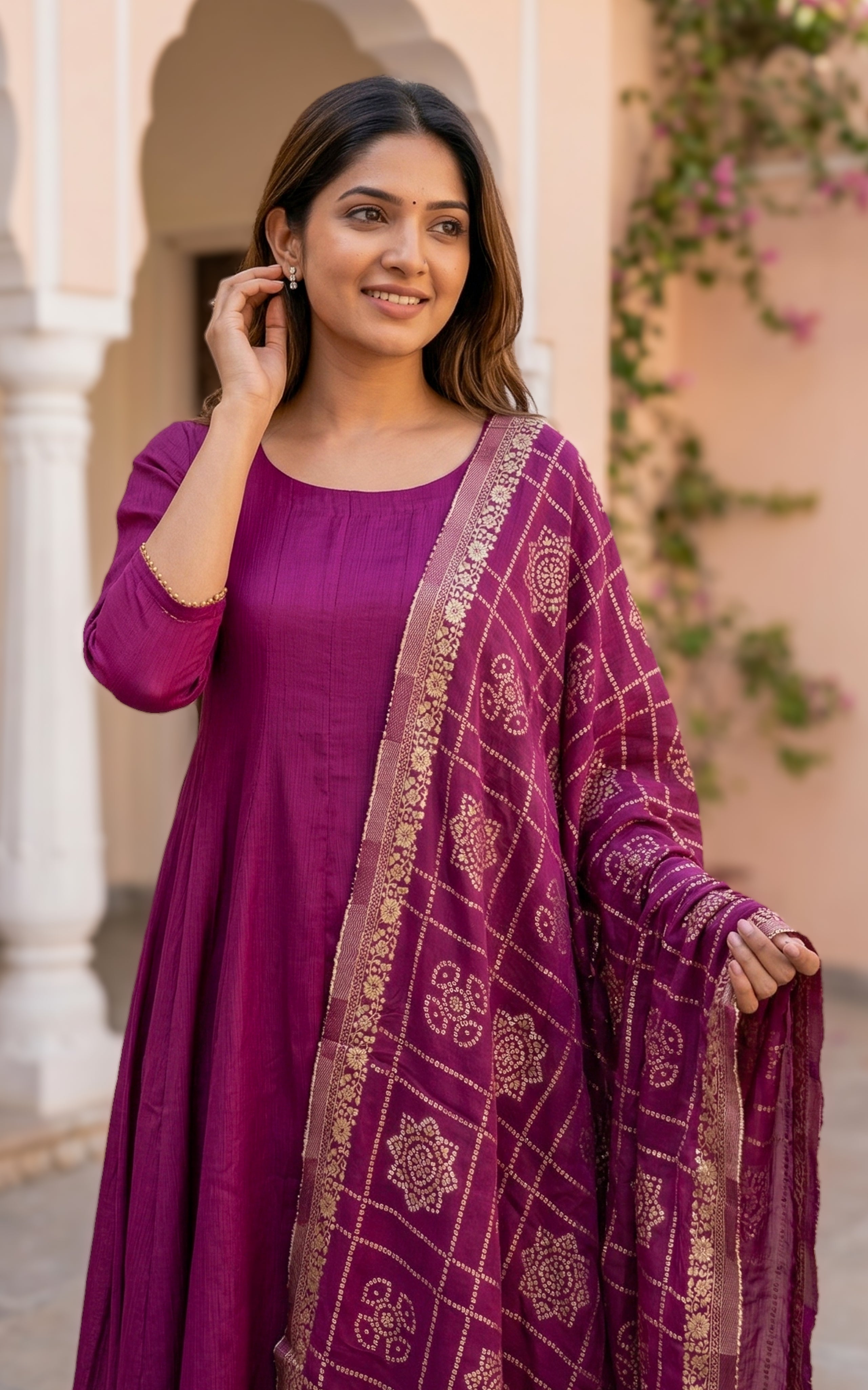 Instore – Plum Sreelekha Anarkali Kurti with Dupatta for Women – Crushed Faux Silk – Golden Detailing – Festive Ethnic Wear