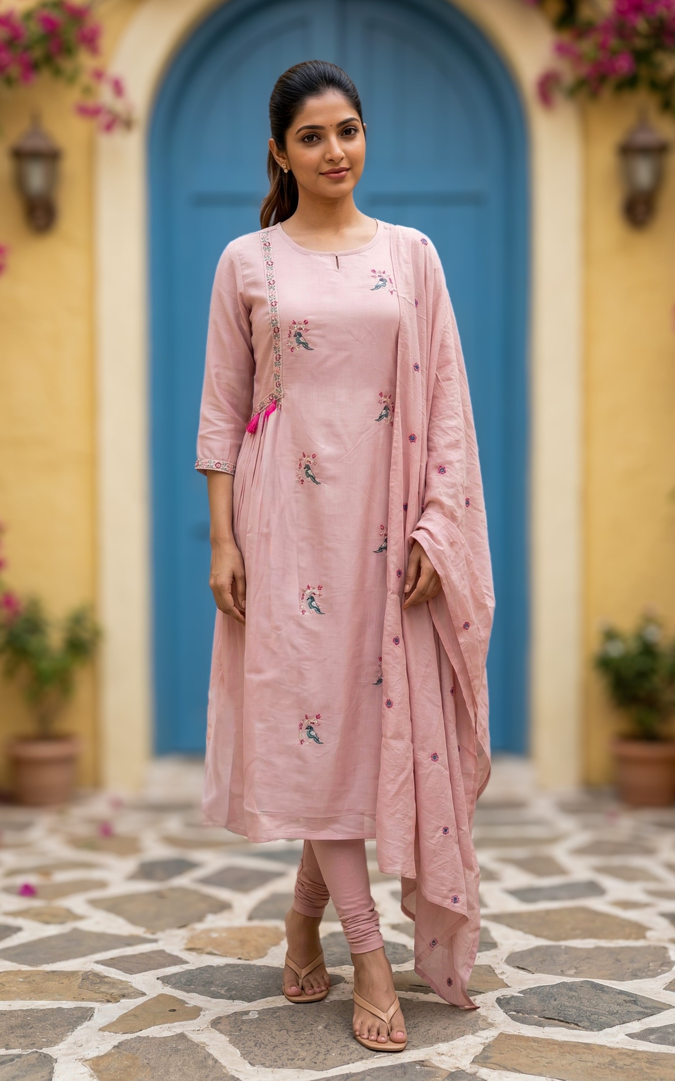 Kili Mozhi Onion Pink (Kurti+Dupatta)