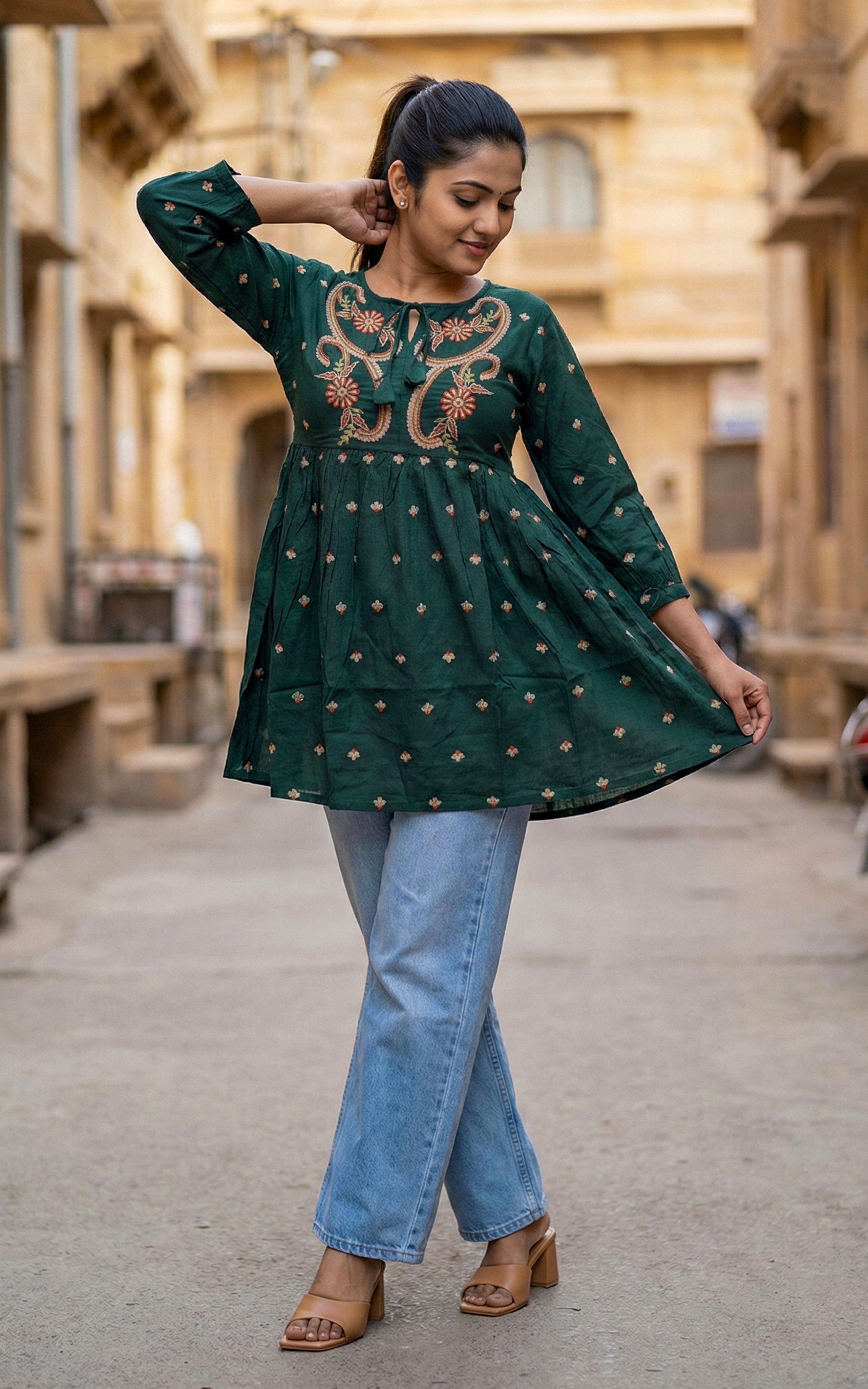 Instore - Dark Green Color Cotton Floral Embroidered Peplum Top with Tie-Up Neckline & Cotton Lining on Yoke