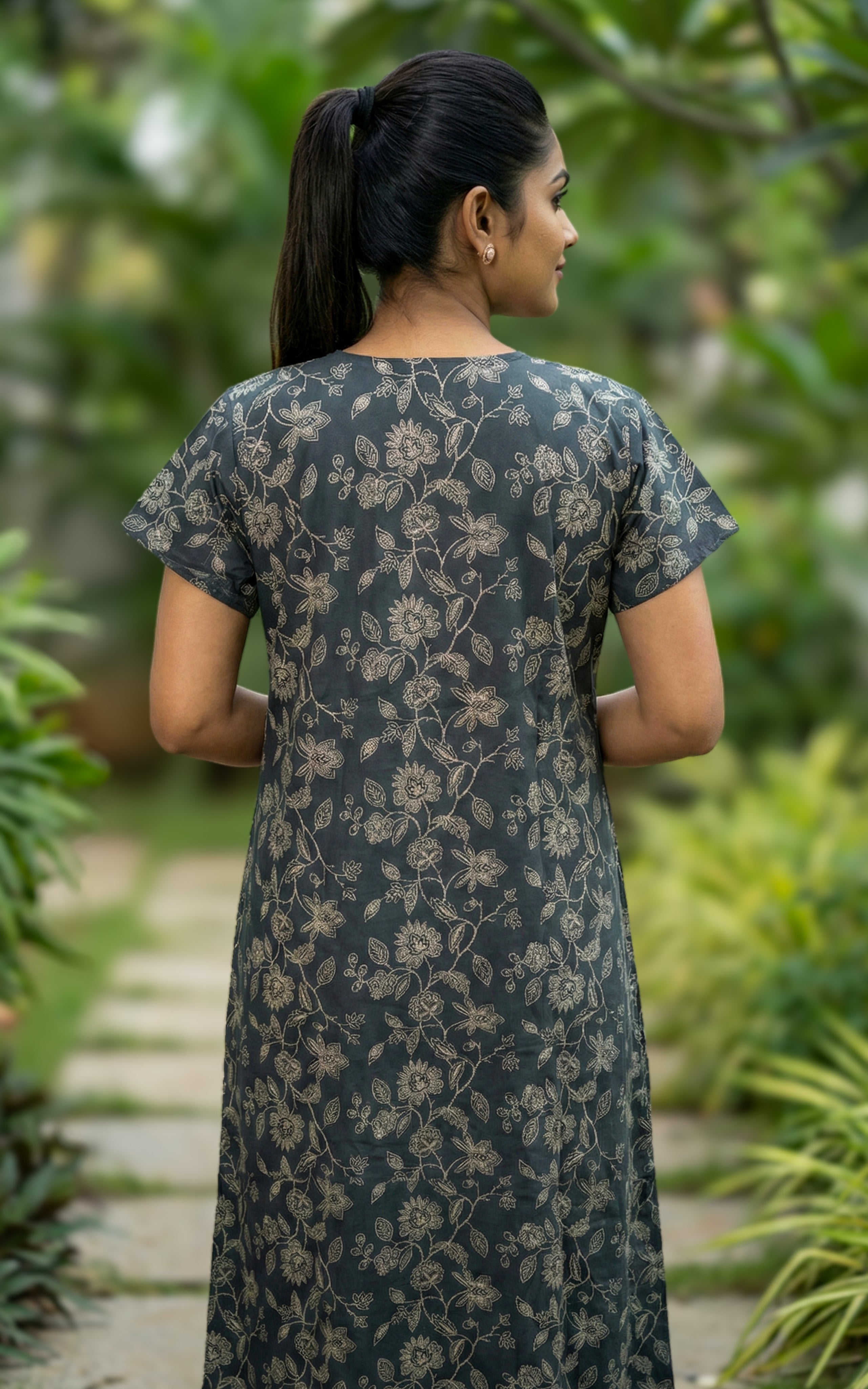 Instore – Elephant Gray Cotton Long Nighty, All-Over Floral Print, Round Neck with Lace Detailing & Front Button Closure, Straight Fit, Women's Sleepwear