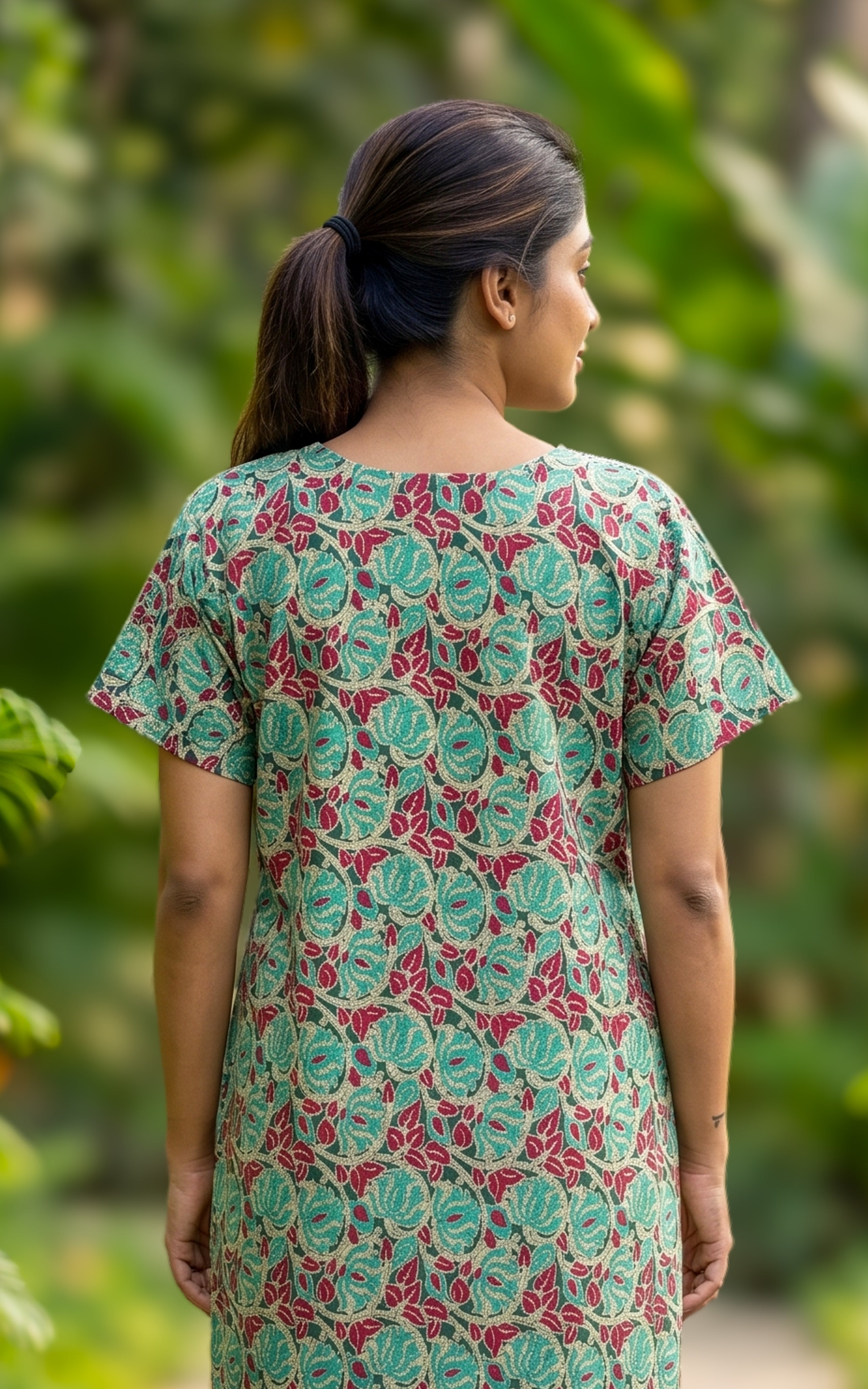 Instore - Sea Green & Maroon Floral Print Cotton Long Nighty with Side Pocket, Relaxed Fit, Women's Sleepwear