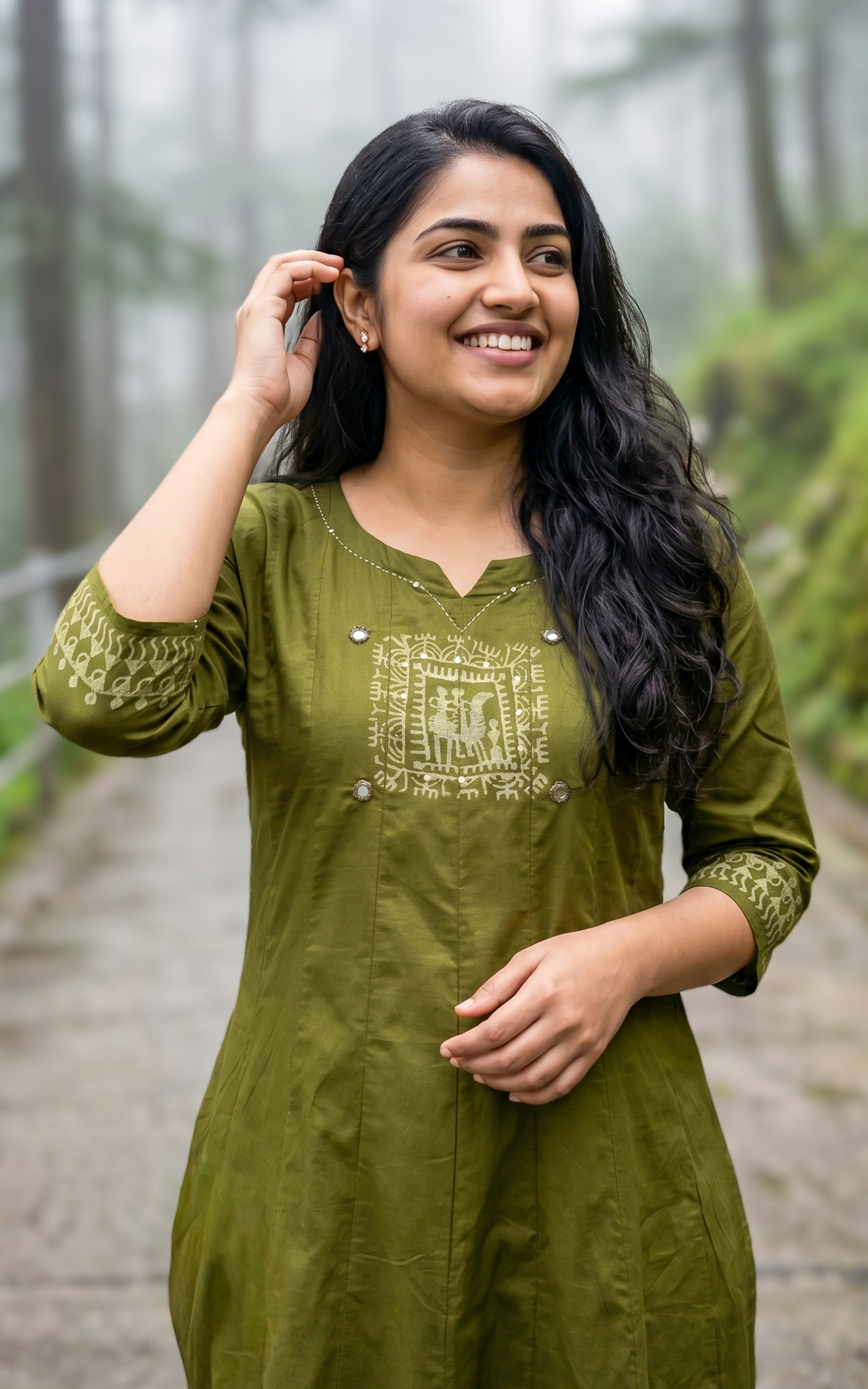 Mehandi green handblock printed kurti for women