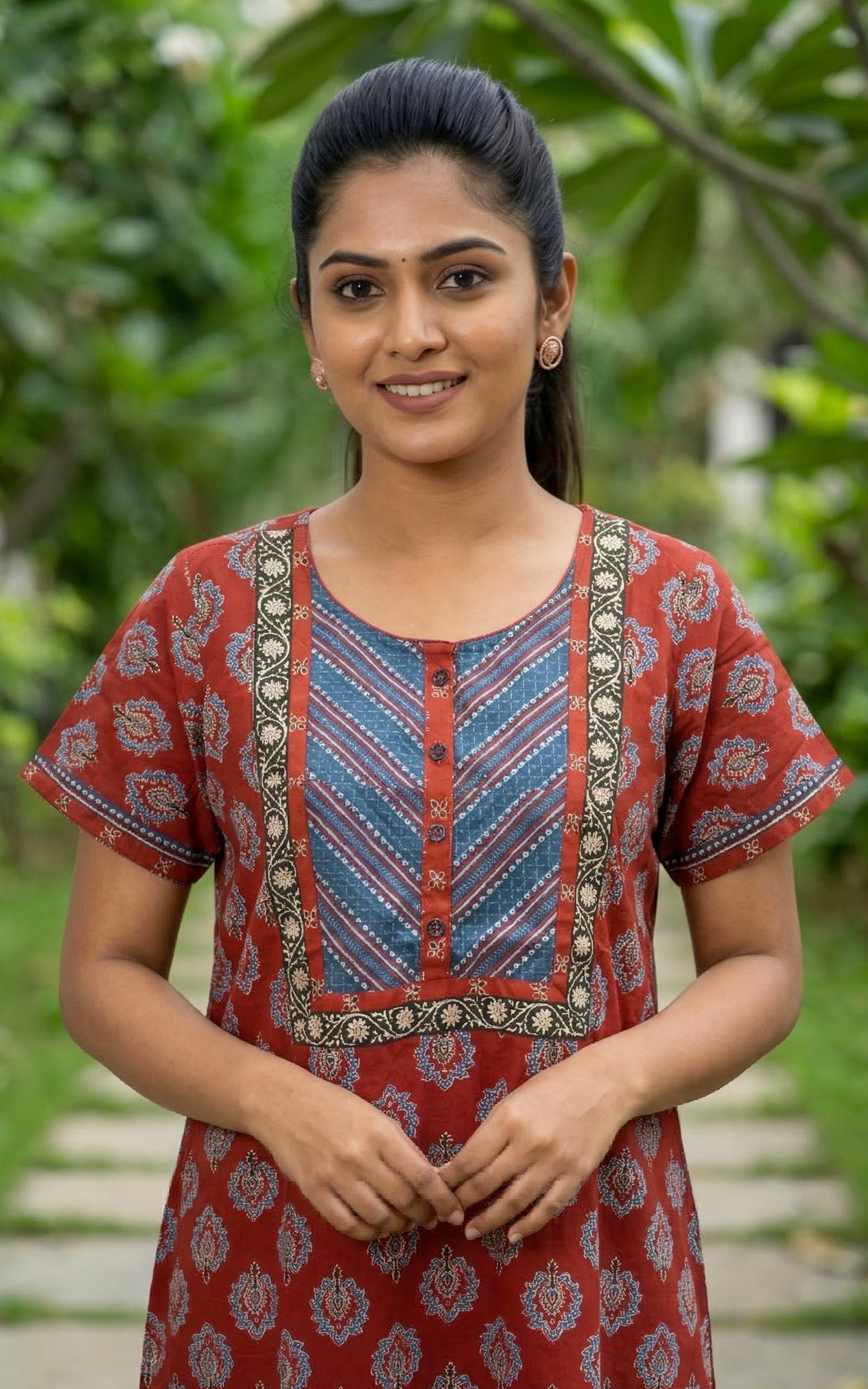 Instore – Rust Red Cotton Long Nighty, Ethnic Butta Print, Round Neck with Contrast Printed Panel, Relaxed Fit, Women's Sleepwear