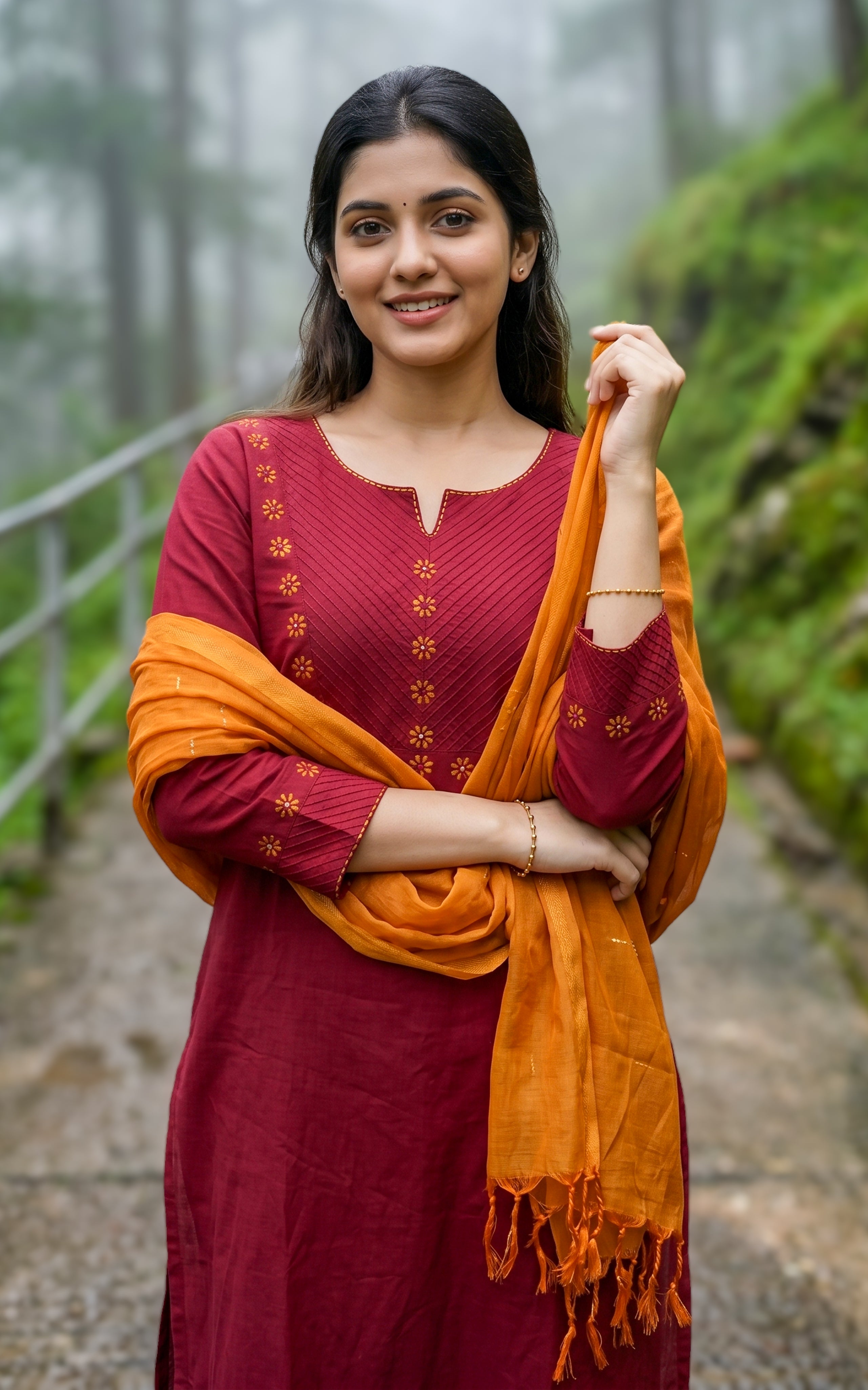 Instore – Maroon Cotton Straight Cut Kurti with Dupatta for Women – Side Slit – Ethnic Wear
