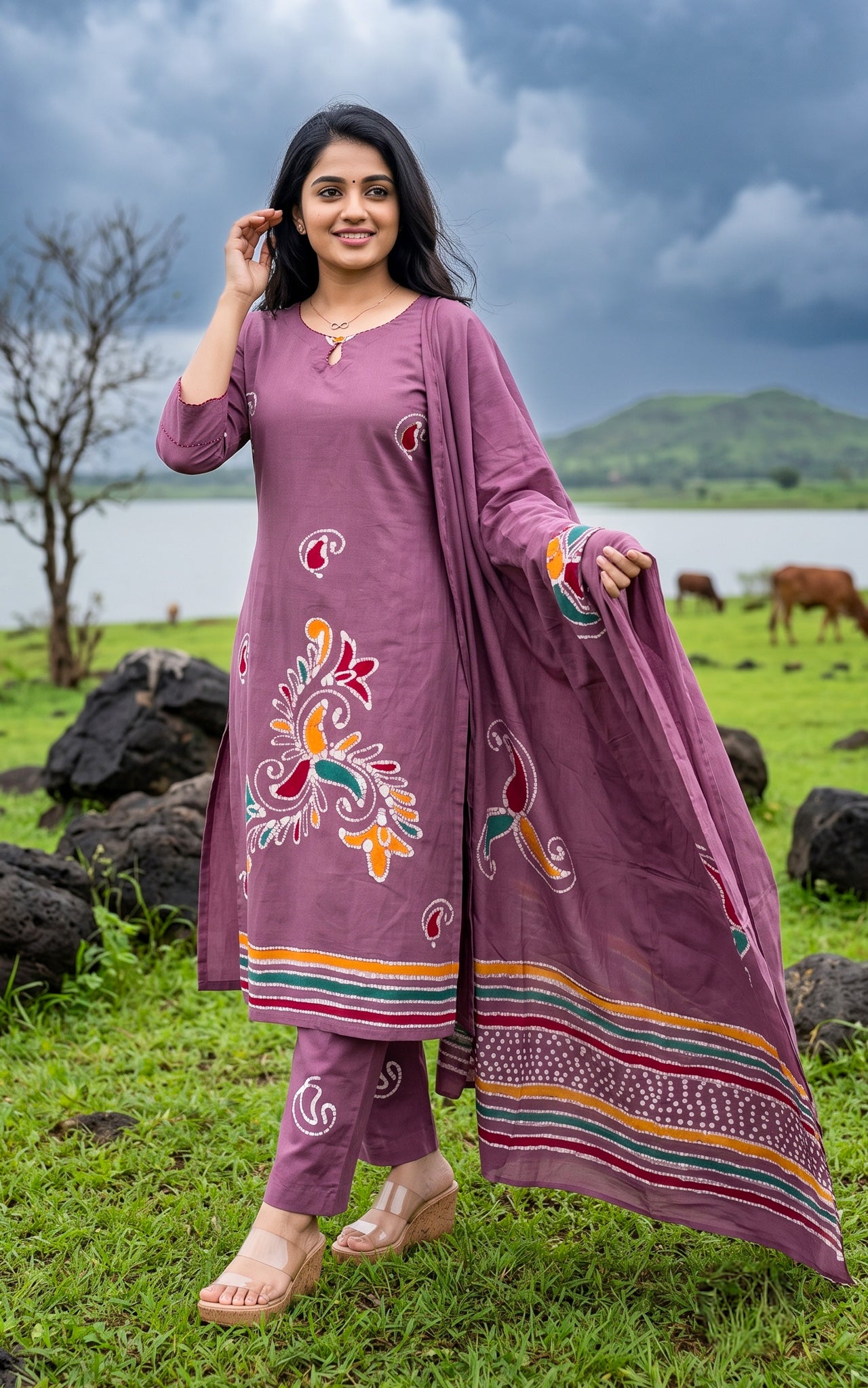 Mauve Cotton Kurti Set for Women