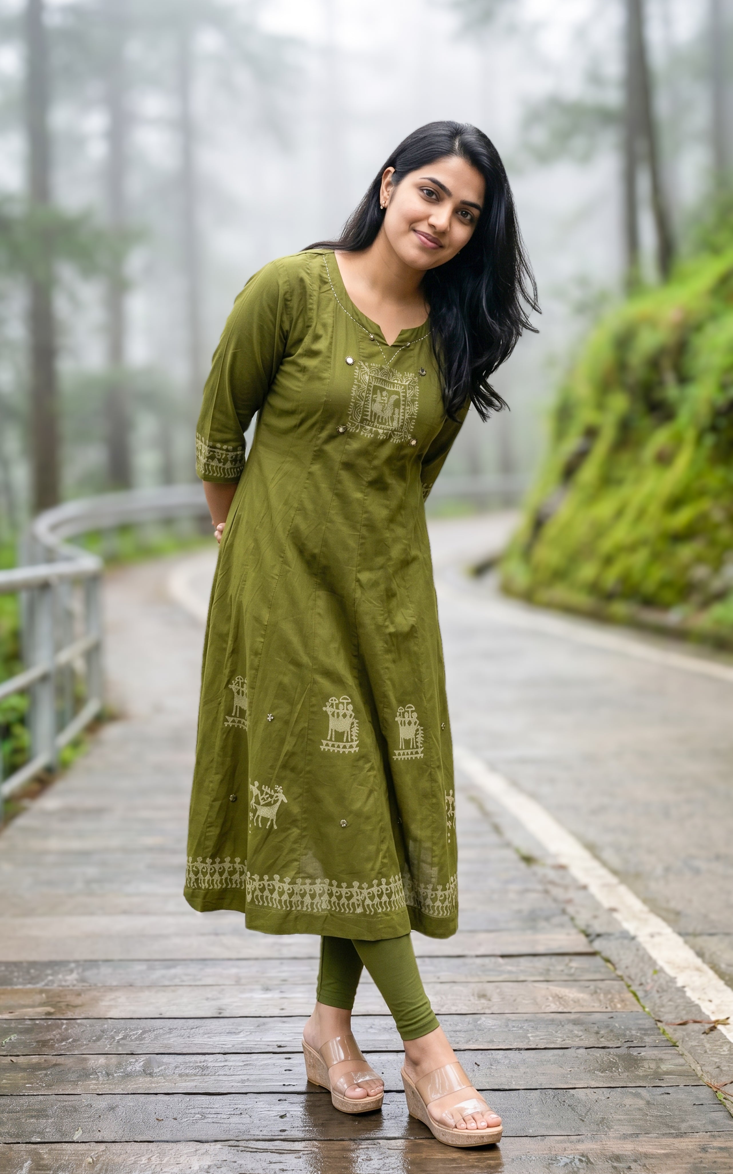 Instore – Mehandi Green Handblock Printed Cotton Anarkali Kurti for Women – Ethnic Wear
