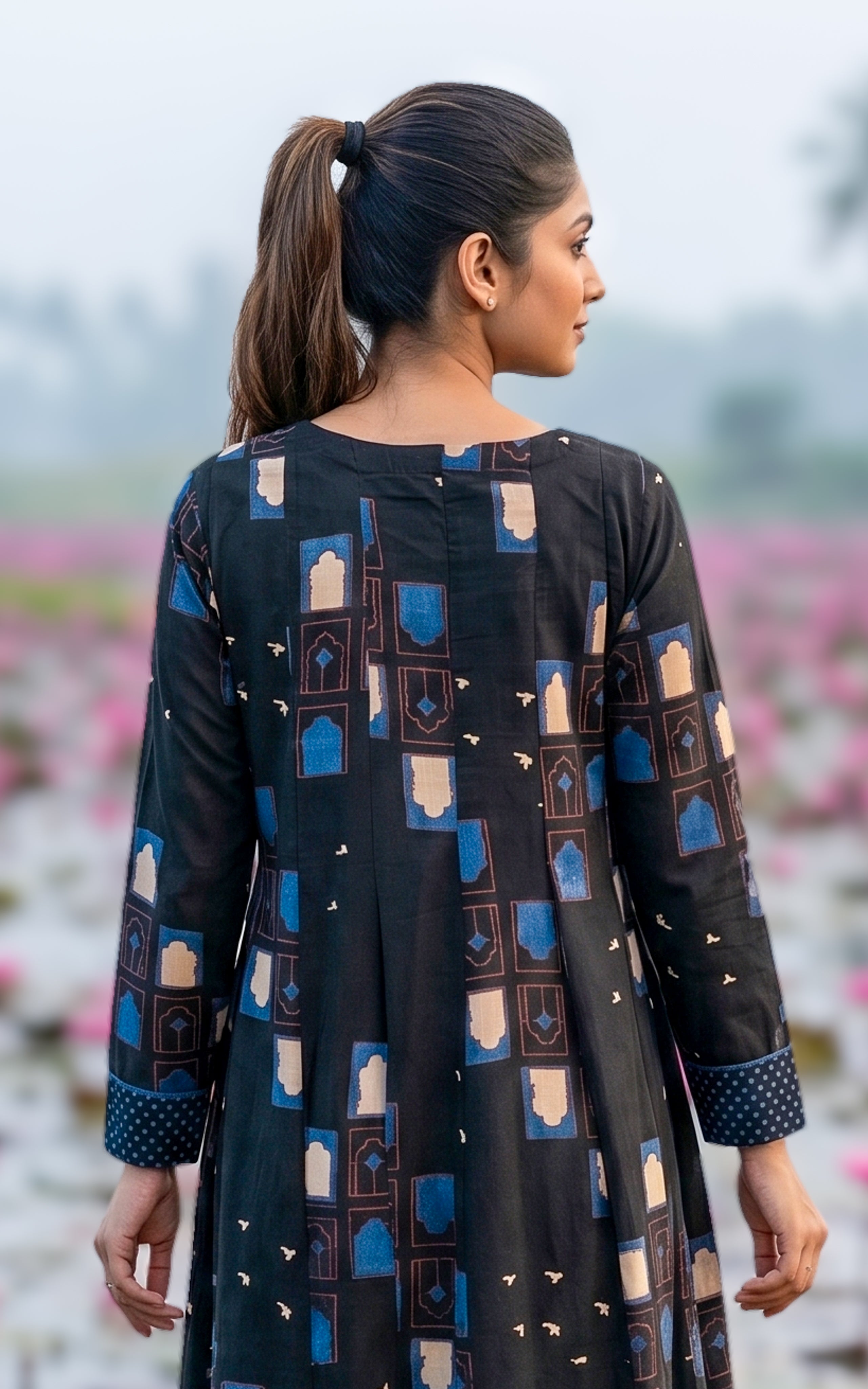 Instore-Seethalakshmi (Kurti+Pant+Dupatta)-Cotton-Anarkali -with One Side Pocket -Straight Pant -Dupatta -Black-Summer collection-Daily wear-office wear-college wear-ethnic wear