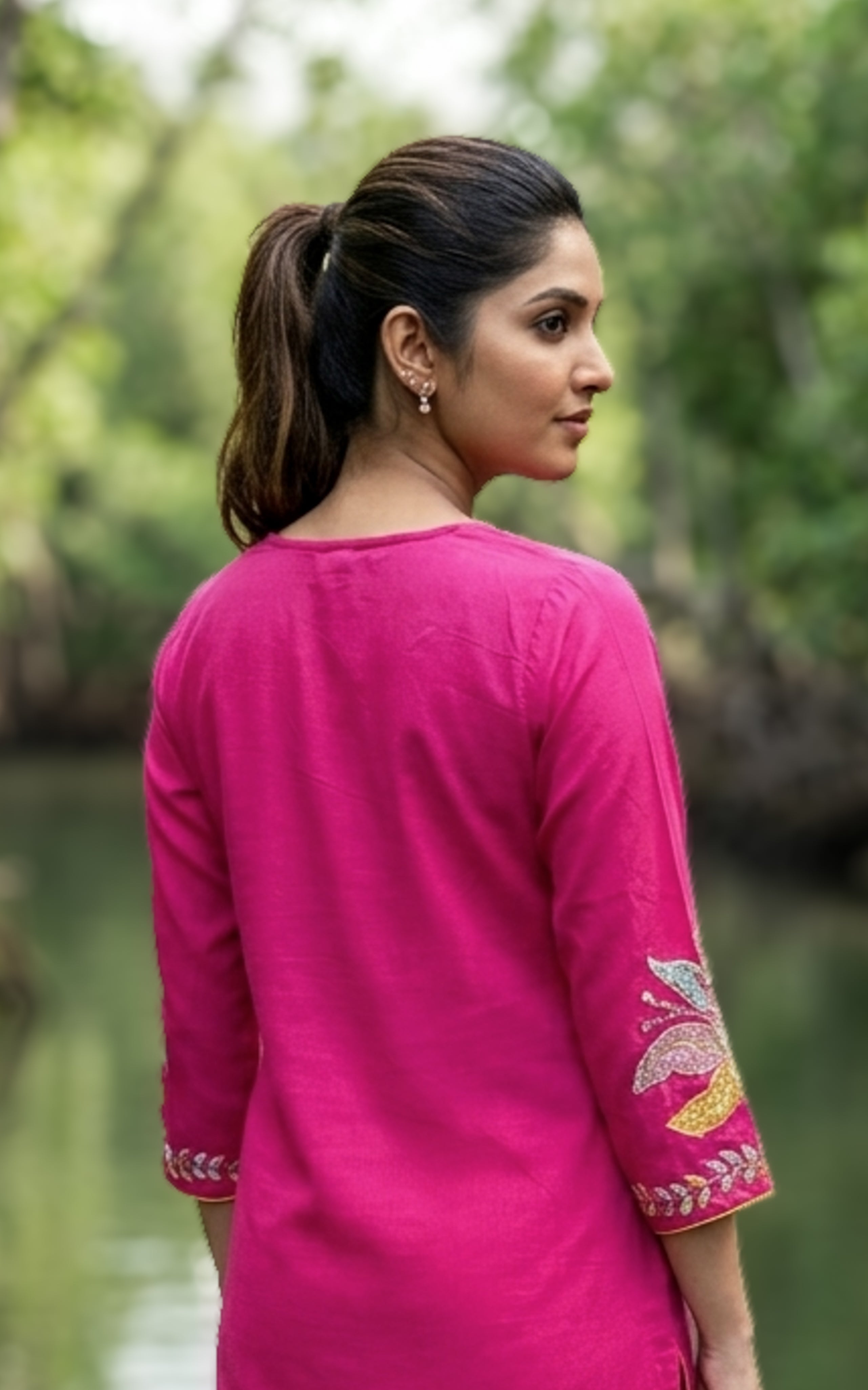 Pink cotton kurti with embroidery design for women