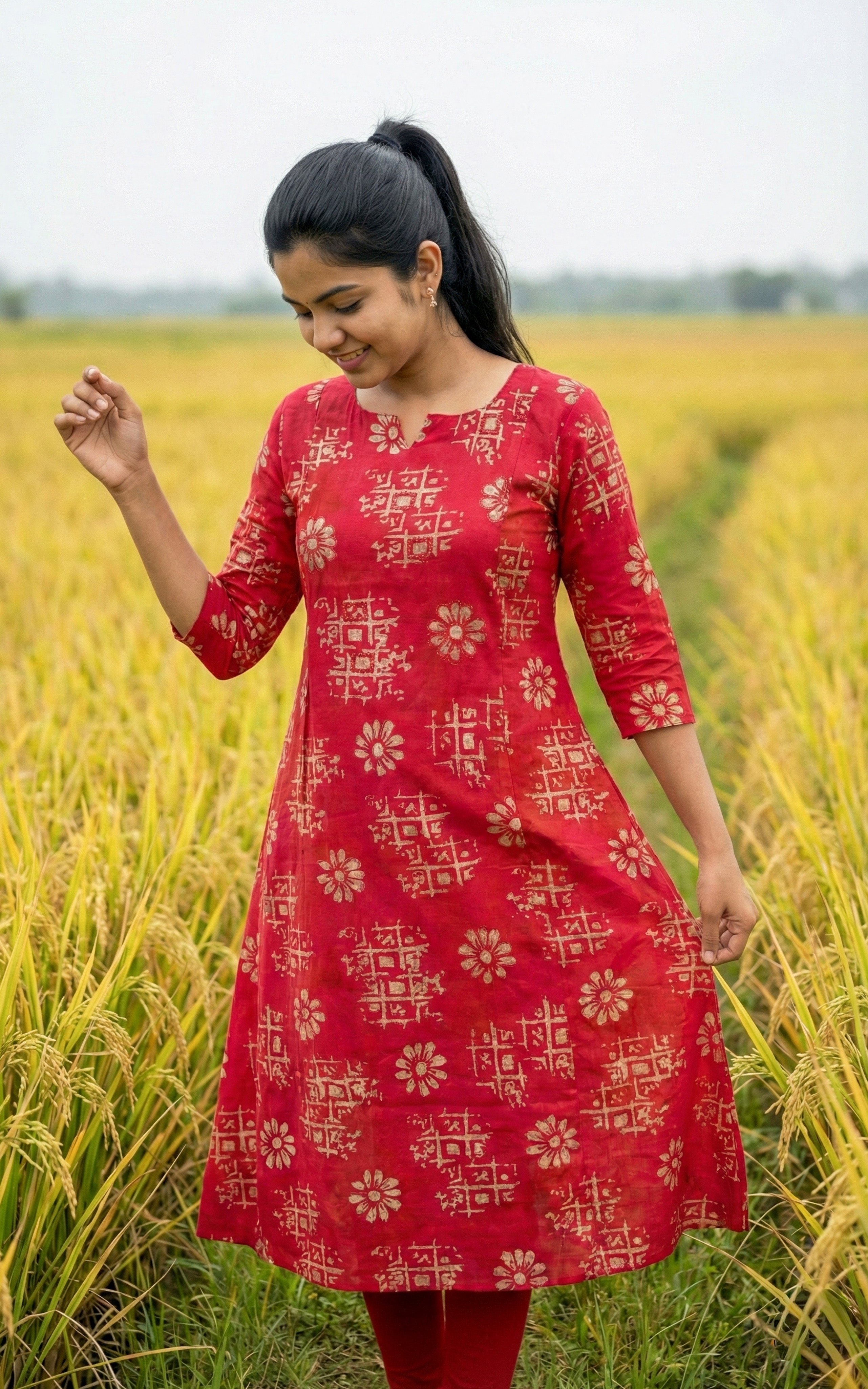 Instore - Red Art Silk with Embroidered Aline with Butter Crepe Lining