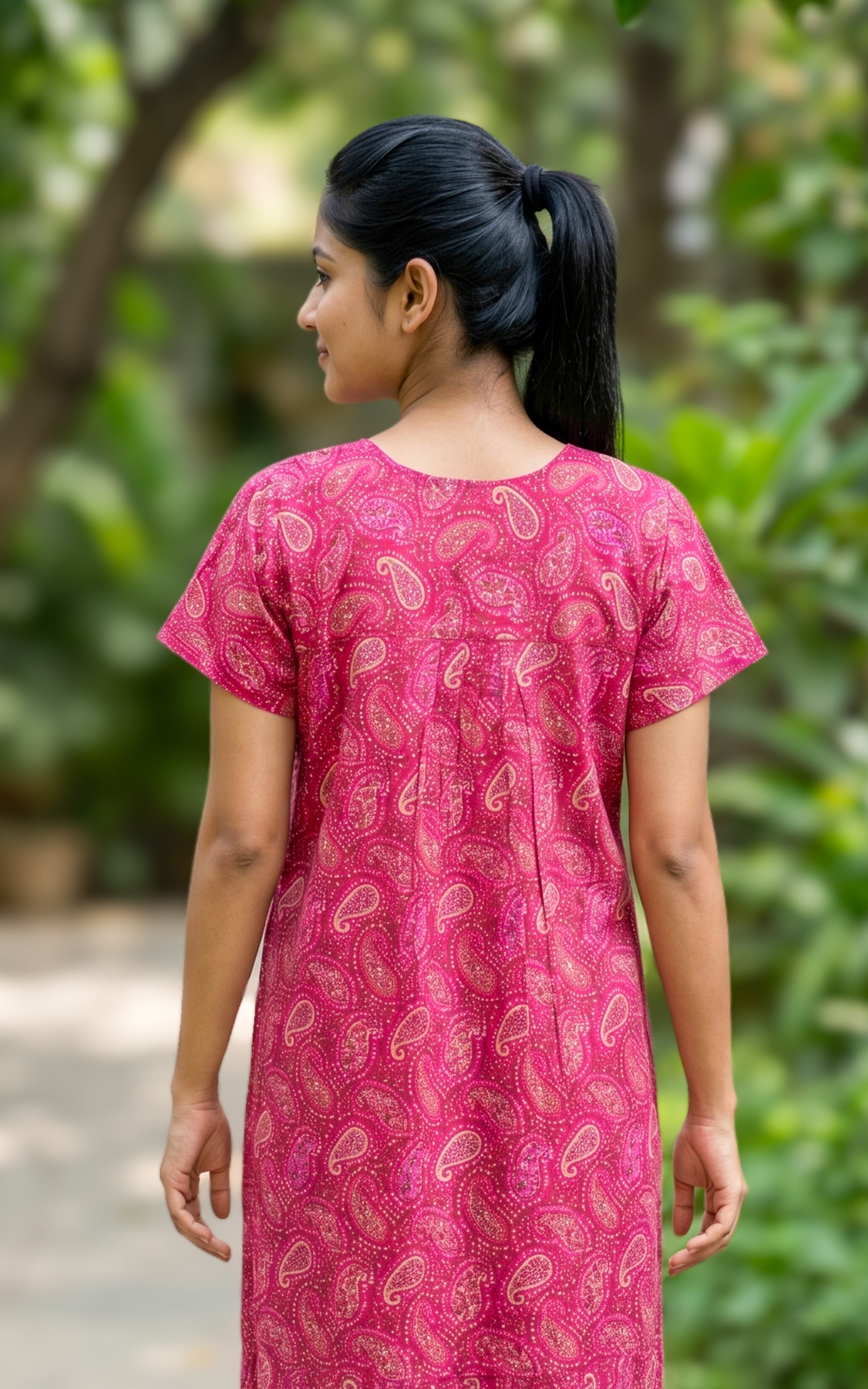Instore - Pink Floral Print Cotton Long Nighty with Side Pocket, Relaxed Fit, Women's Sleepwear