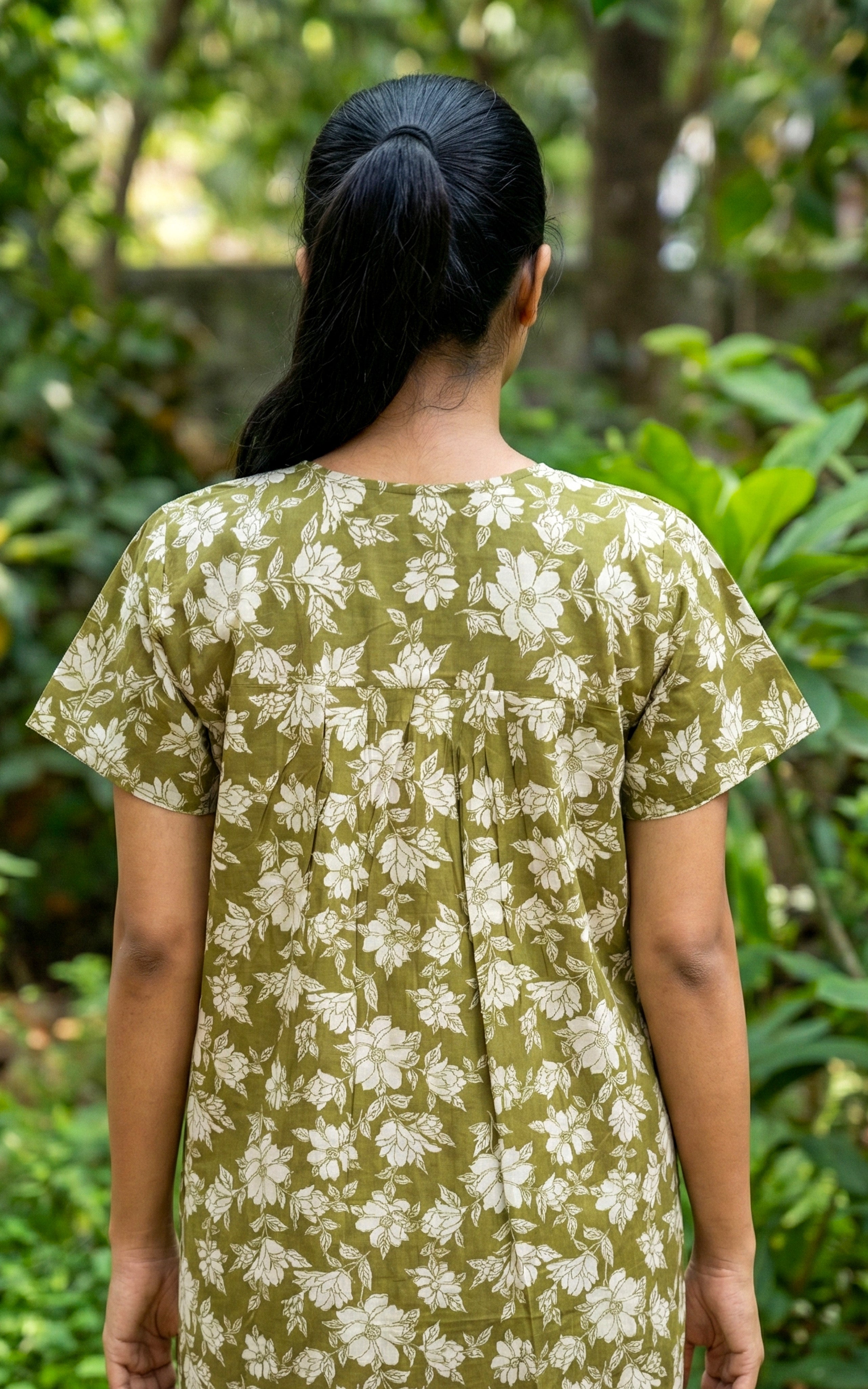 Instore – Olive Green Cotton Long Nighty, All-Over Floral Print, Round Neck with Front Stitch Detailing, Straight Fit, Women's Sleepwear