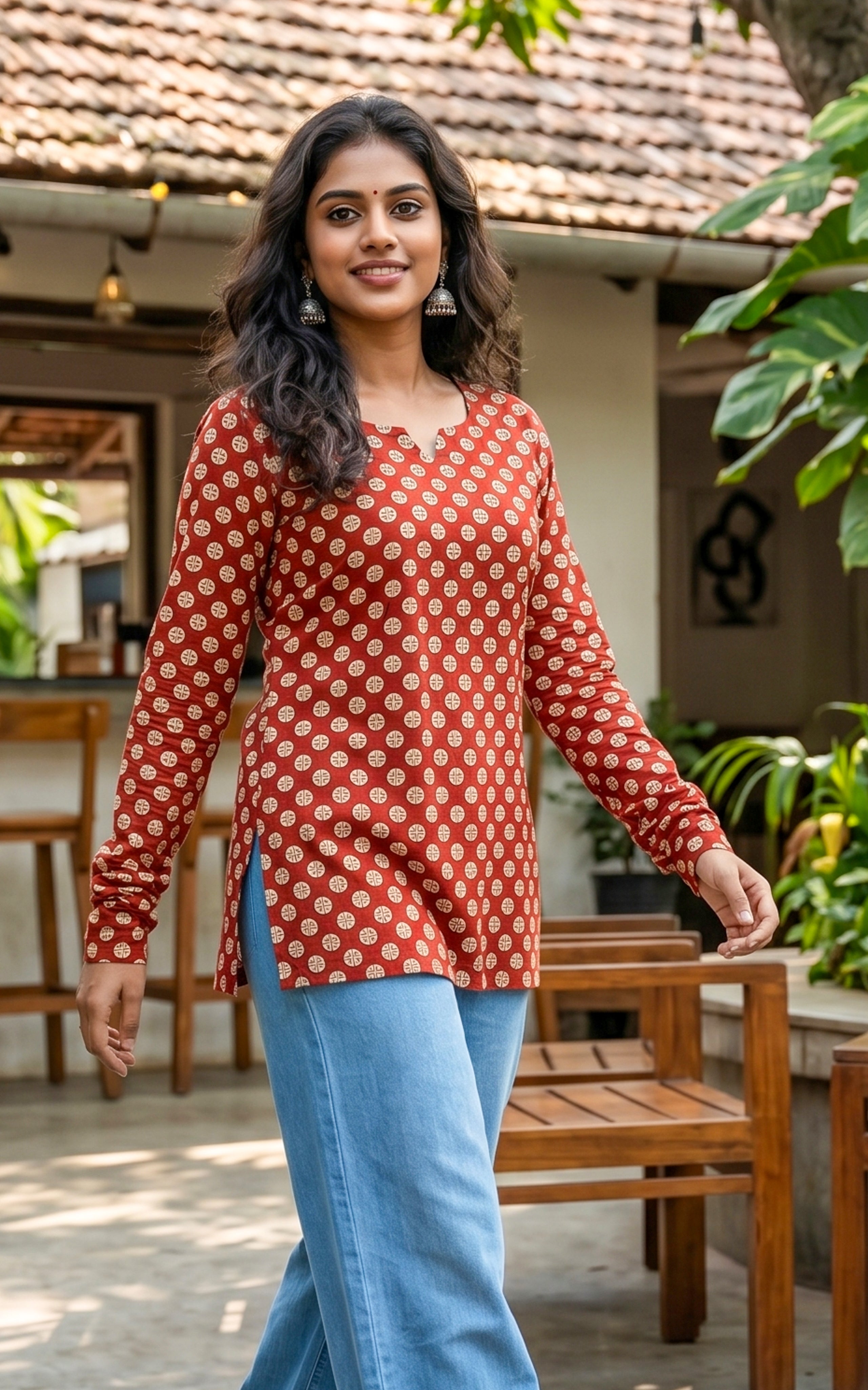 Handblock printed cotton short straight cut kurti for women
Short kurti with gathered sleeves
Cotton kurti with criss cross back design