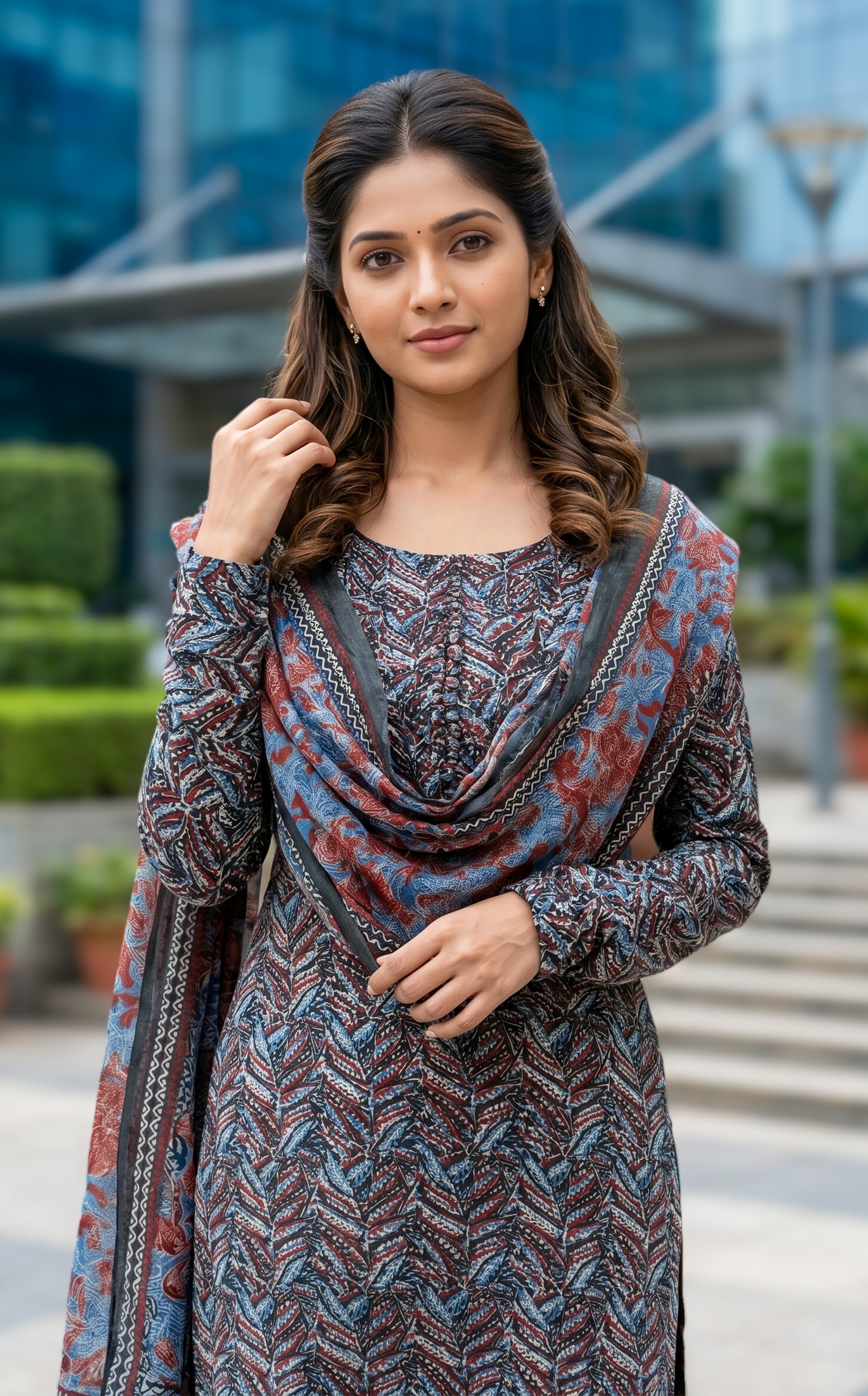 Instore-Sreensha (Kurti+Dupatta)-Aline Kurt-Cotton Dupatta -blue-Cotton -Gathered sleeve-Summer collection-daily wear-college wear-office wear-kurti with dupatta