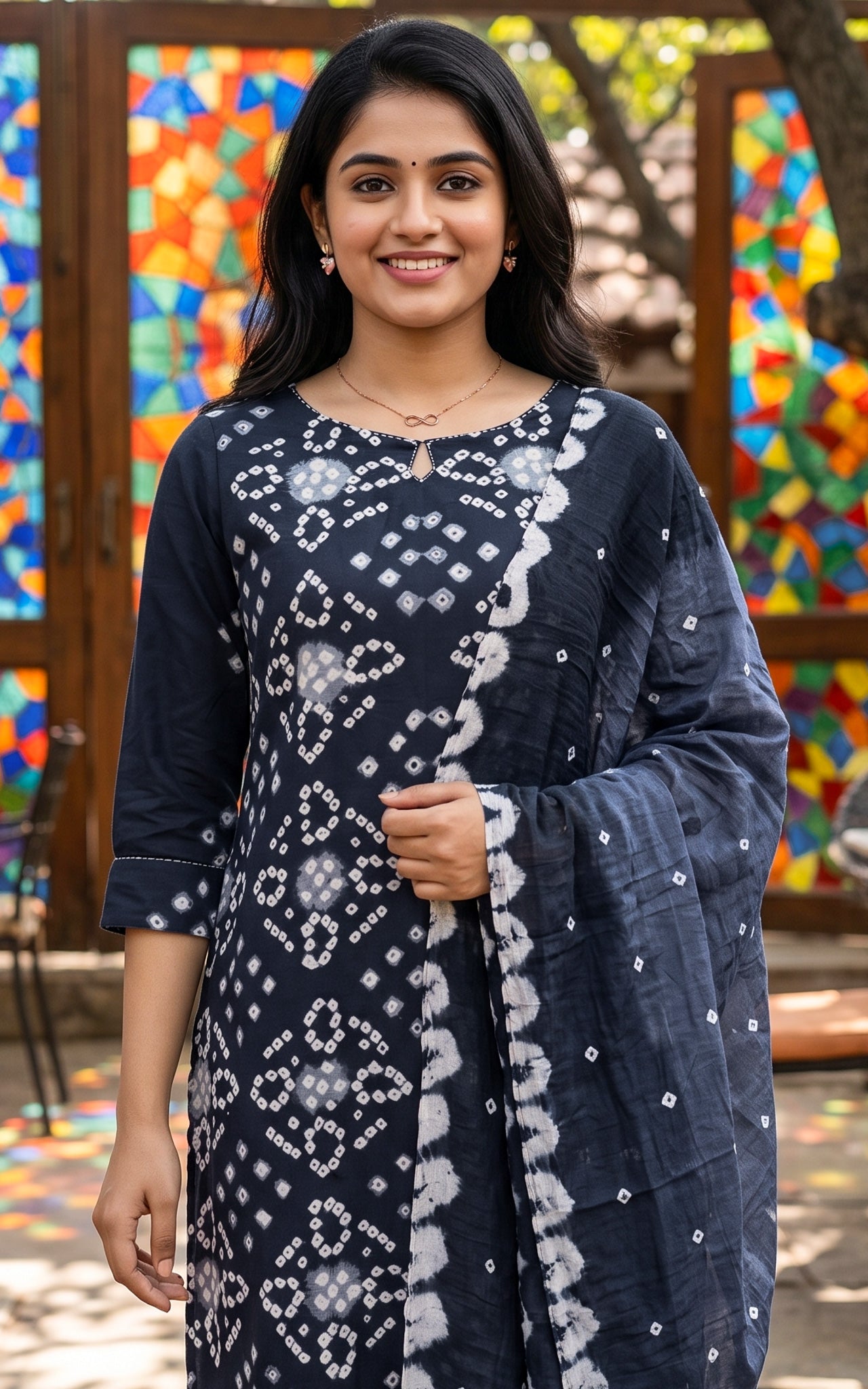 Bright Navy Blue and Grey Cotton Bandhani Kurti Set for Women