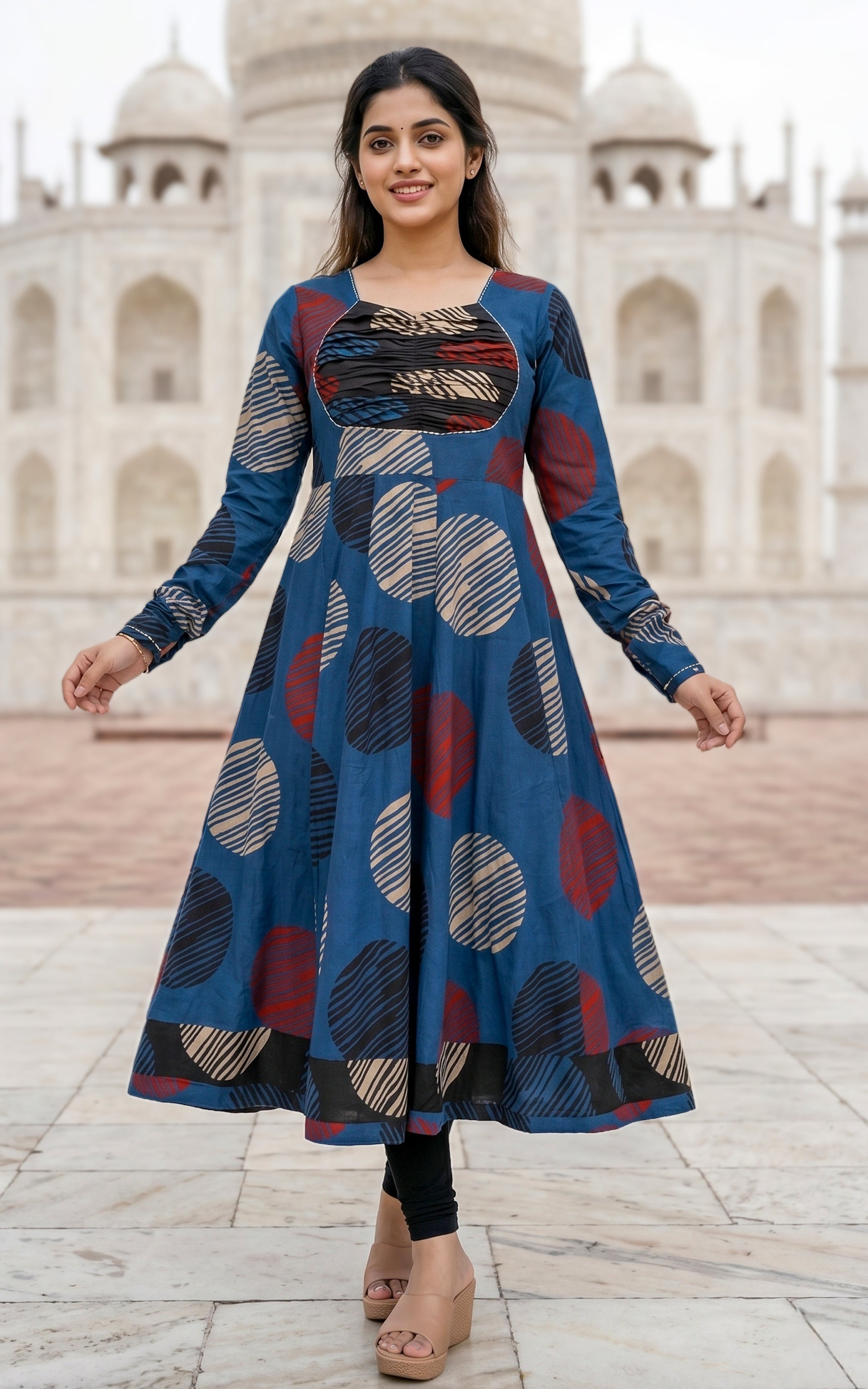 Instore - Blue Color Printed Cotton Flared Anarkali Kurti with Line Embroidery & Sweetheart Neck with Gathered Sleeve