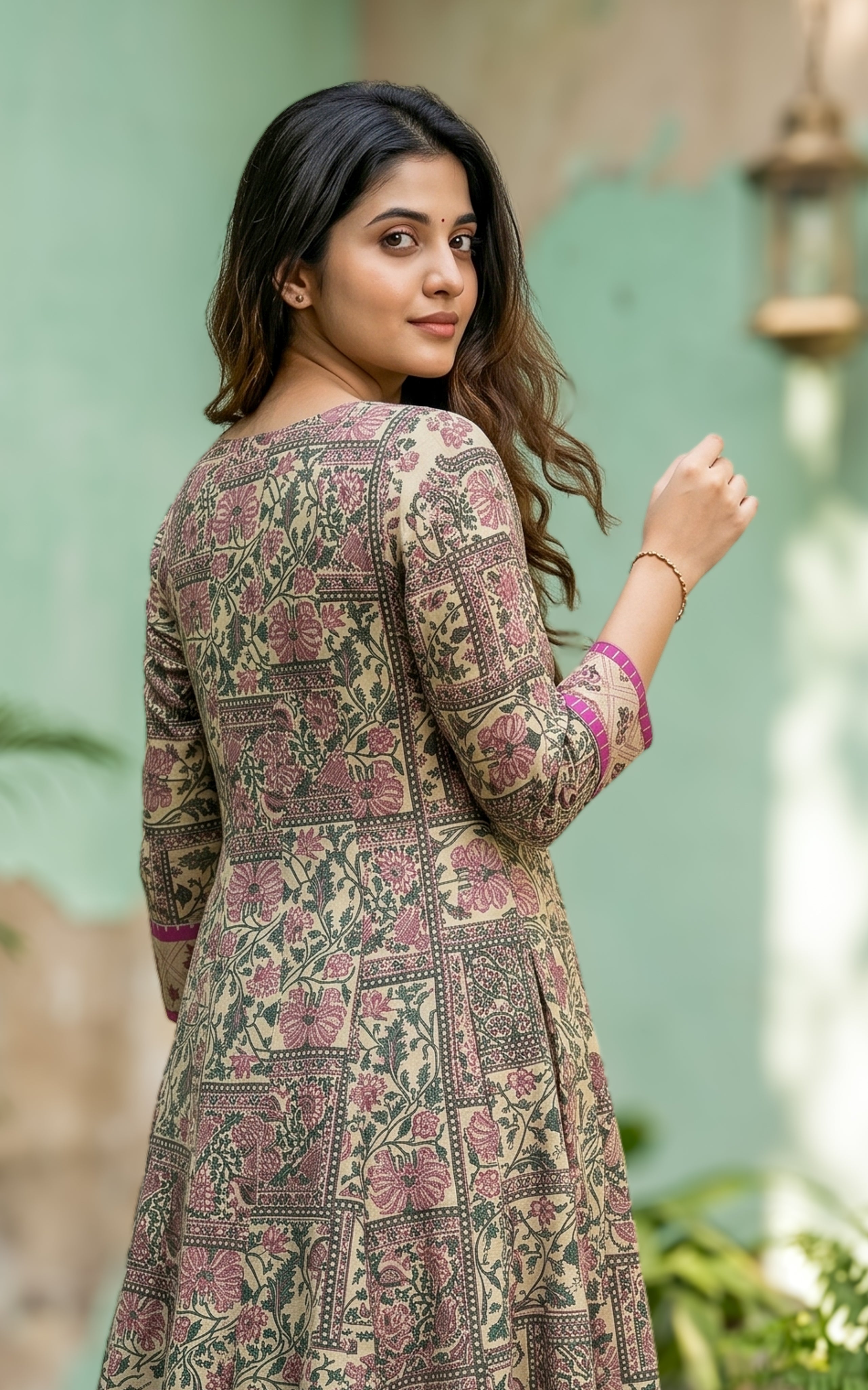 Designer pink printed cotton Anarkali kurti for women