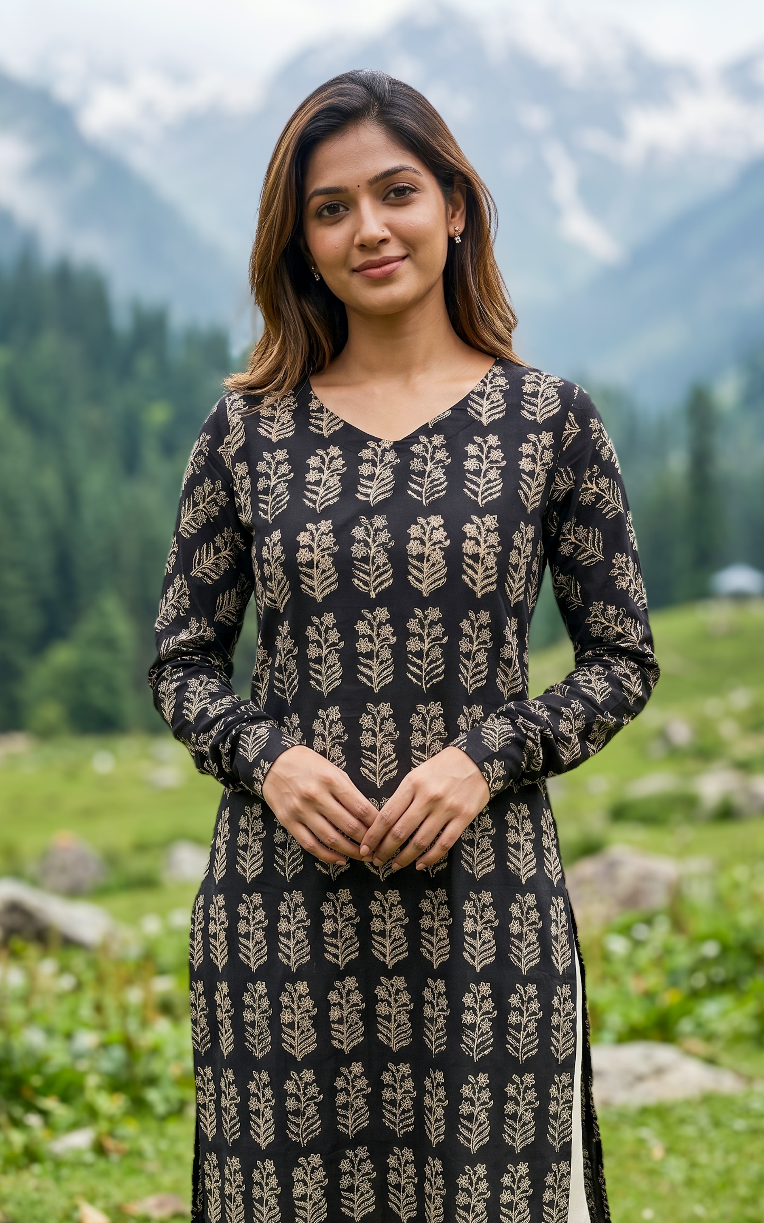 Black straight cut cotton kurti for women