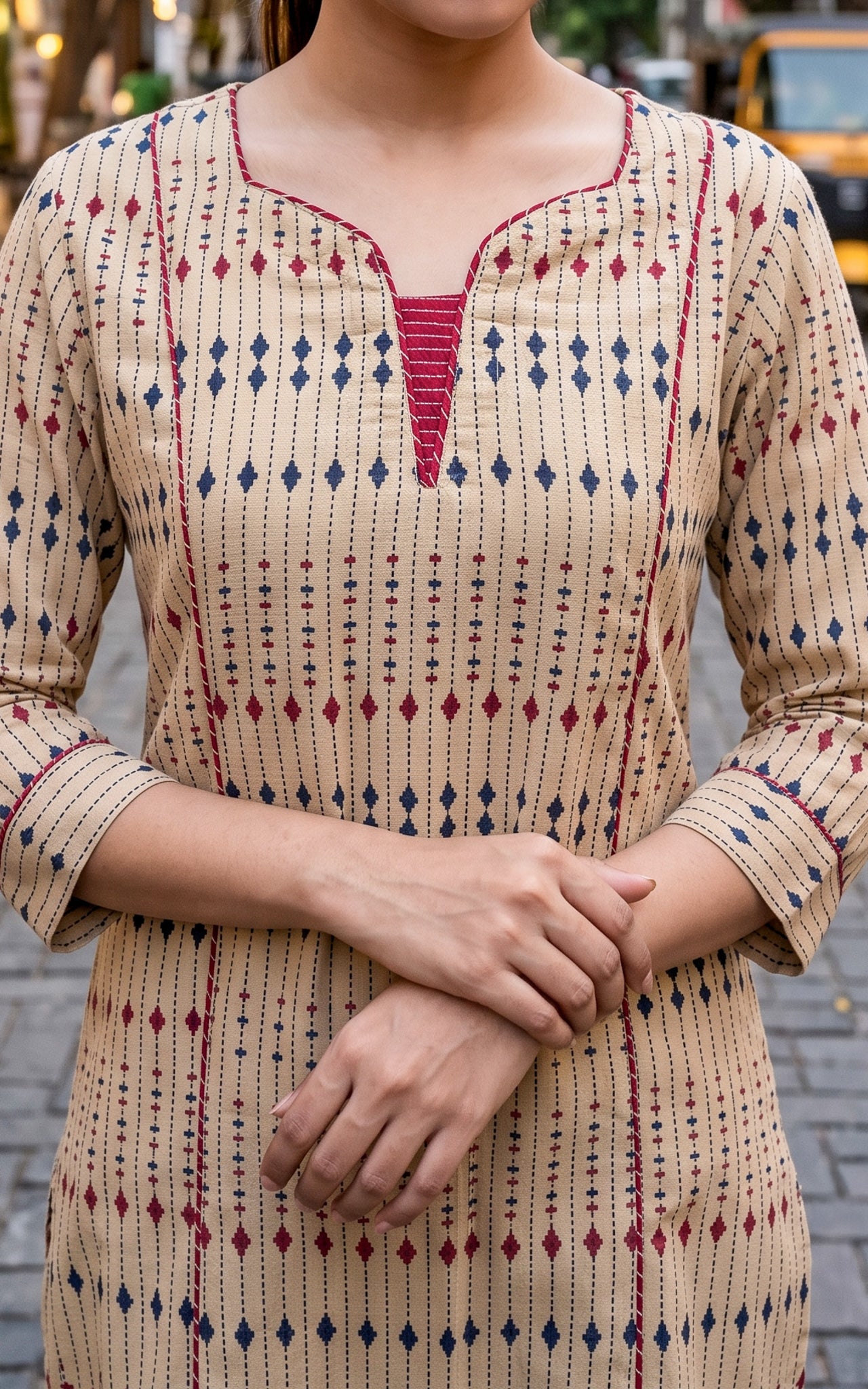 Beige and Blue Cotton Summer Collection Kurti Dupatta for Women