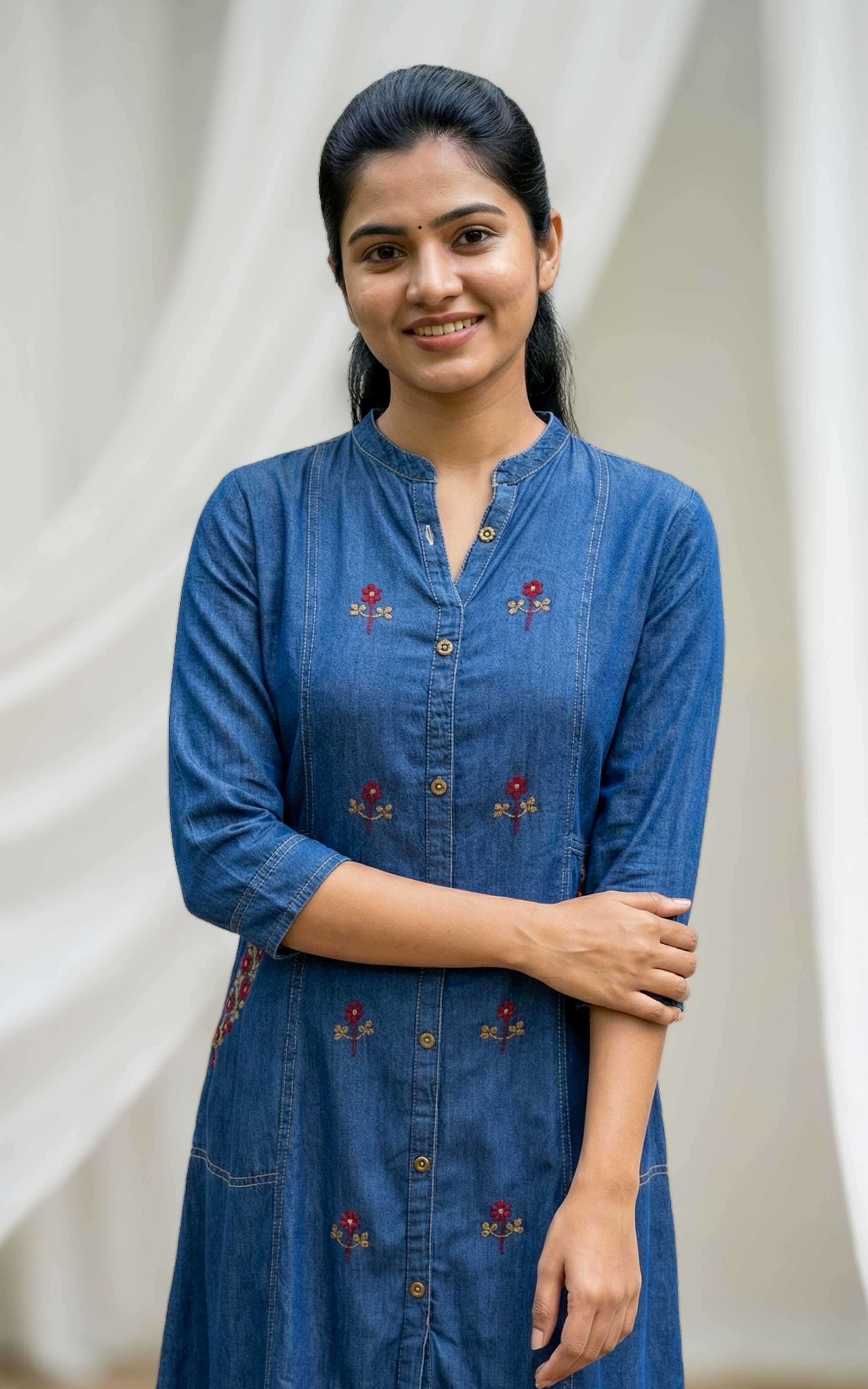 denim office wear kurti
elegant aline denim kurti with embroidery
formal denim kurti for office
simple denim kurti with pocket