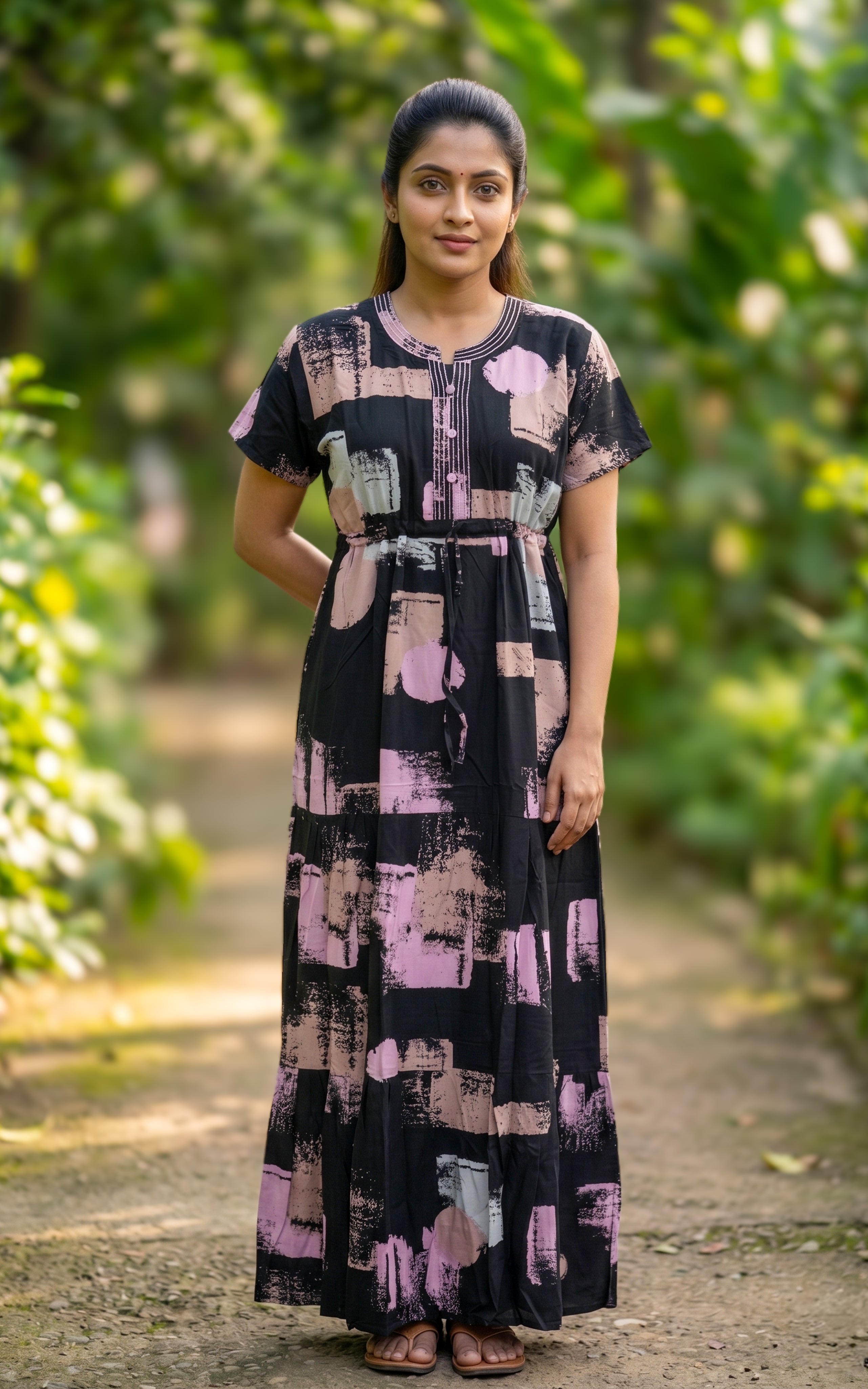Instore - Black Abstract Brush Print Cotton Long Nighty with Side Pocket, Relaxed Fit, Women's Sleepwear