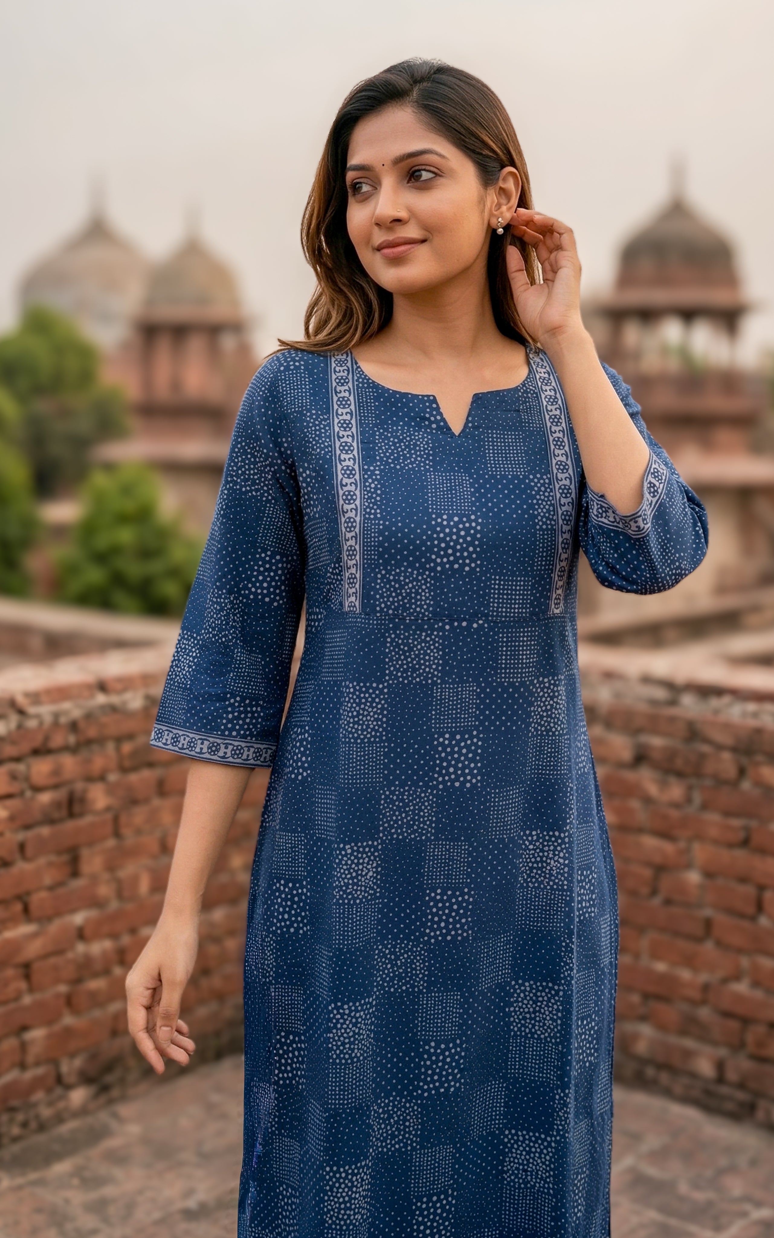 Instore - Navy Blue Color Cotton Printed Aline Kurti with Bell Sleeves and One Side Pocket, No Lining