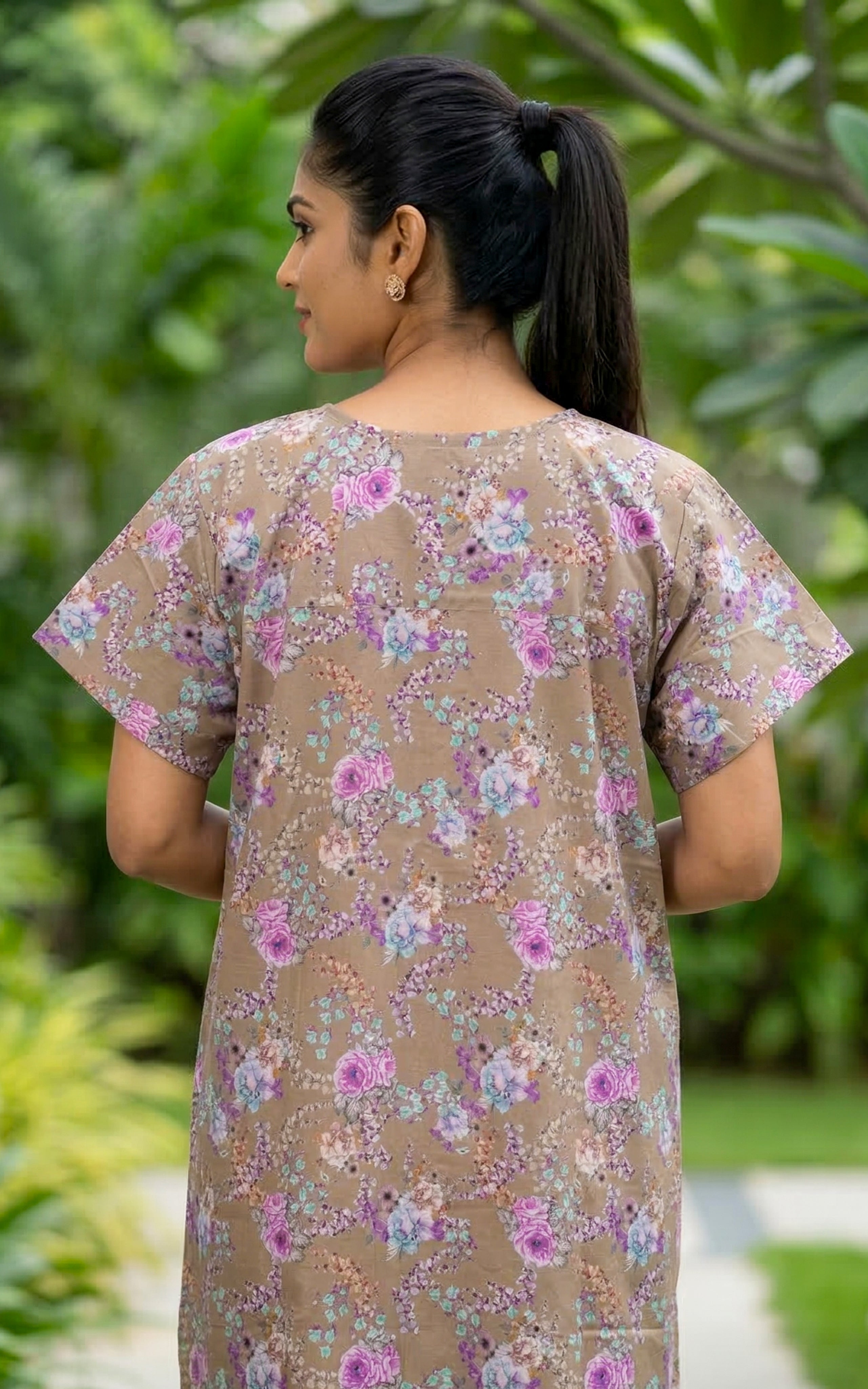 Instore – Brown Cotton Long Nighty, Floral Print, V-Neck with Button Placket, Relaxed Fit, Women's Sleepwear