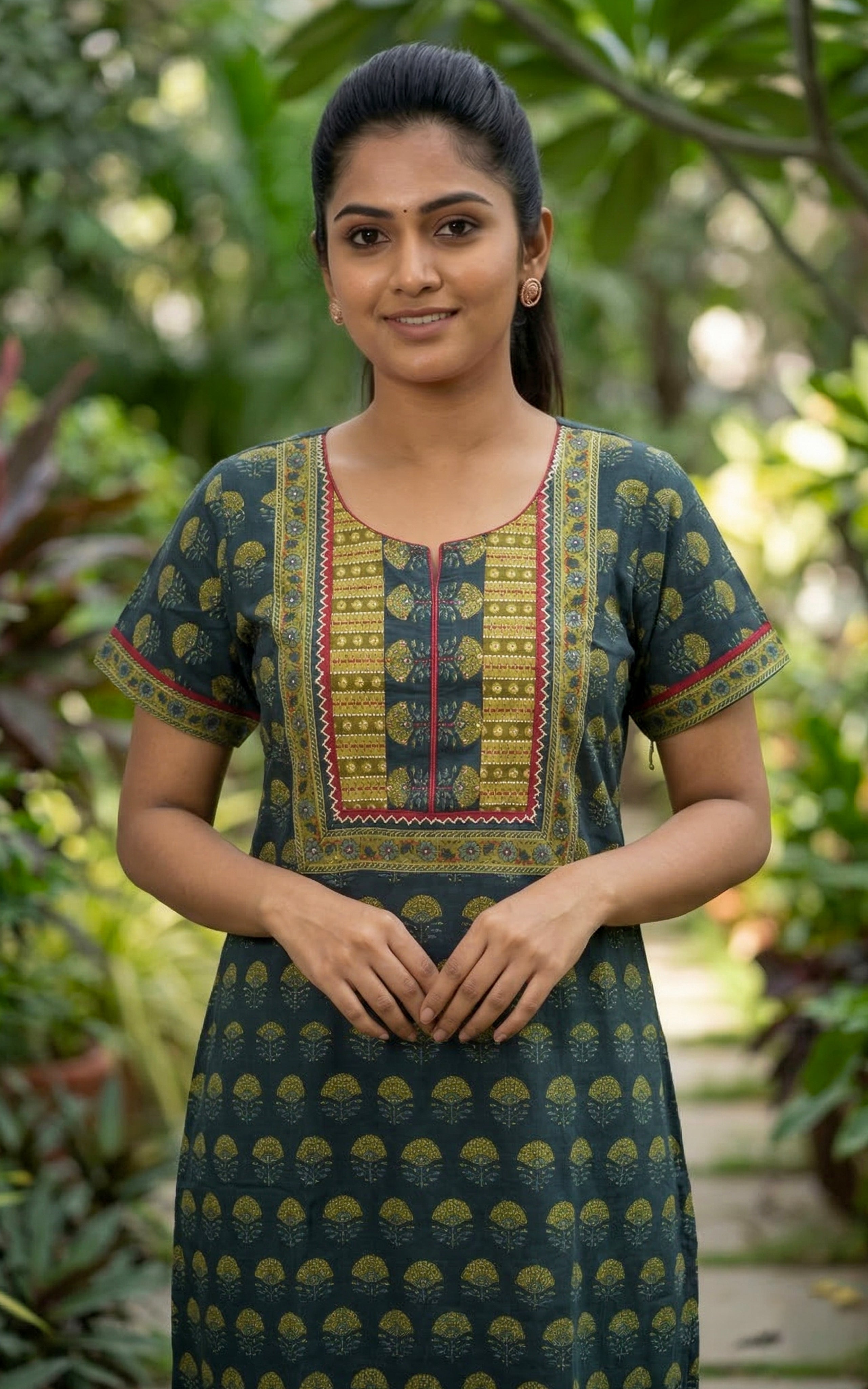 Instore – Dark Green Cotton Long Nighty, Ethnic Motif Print, Round Neck with Printed Yoke Panel, Relaxed Fit, Women's Sleepwear