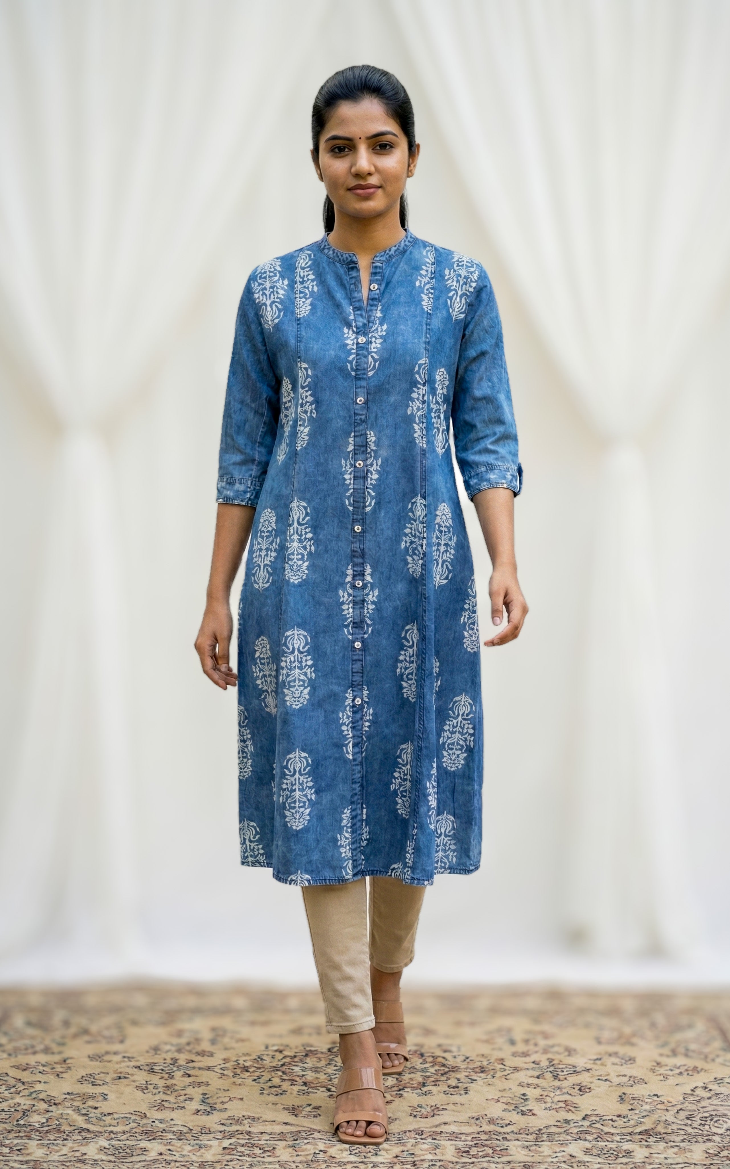 denim office wear kurti
elegant aline denim kurti with embroidery
formal denim kurti for office
simple denim kurti with pocket