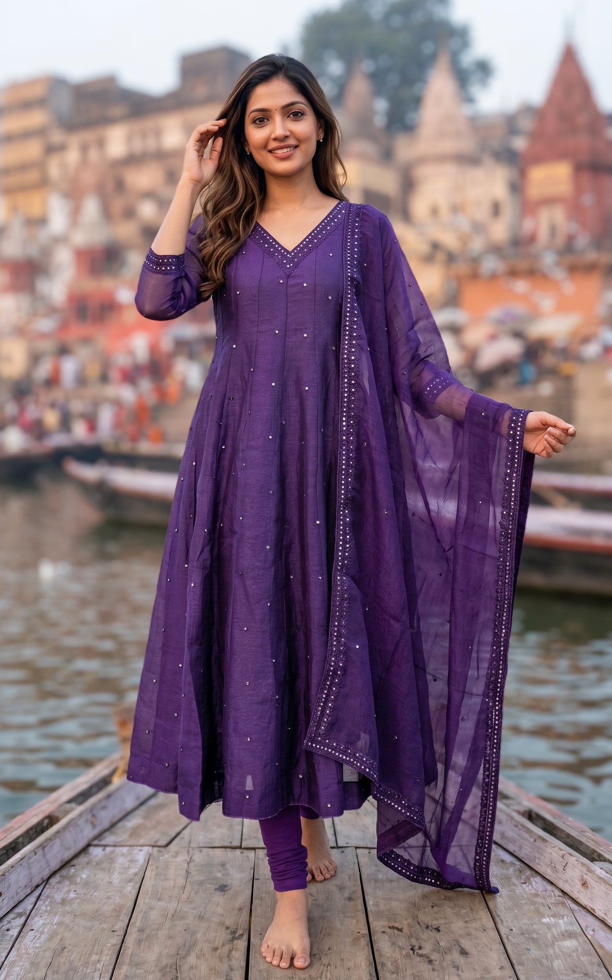 Instore – Dark Purple Mellinam Anarkali Kurti with Dupatta for Women – Crushed Tissue Silk – Sequin Embroidery – Festive Ethnic Wear