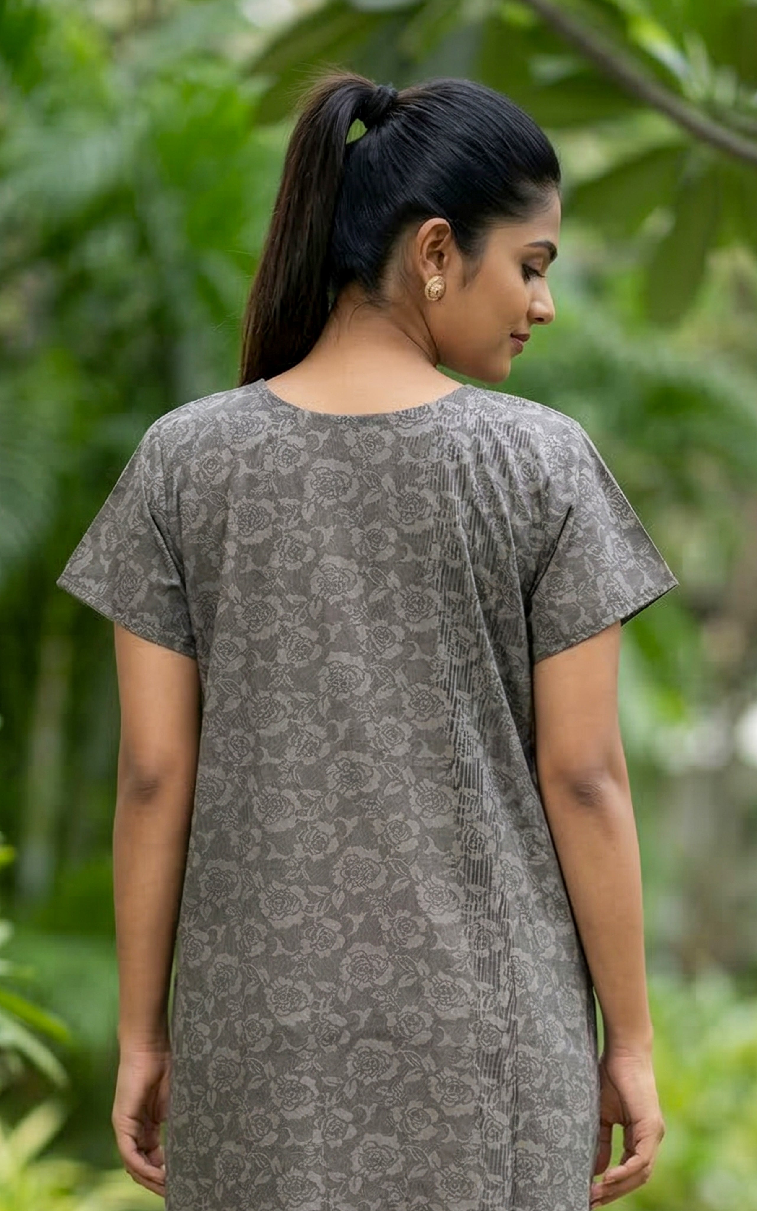 Instore – Grey Cotton Long Nighty, Floral Motif Print, V-Neck with Button Placket, Relaxed Fit, Women's Sleepwear