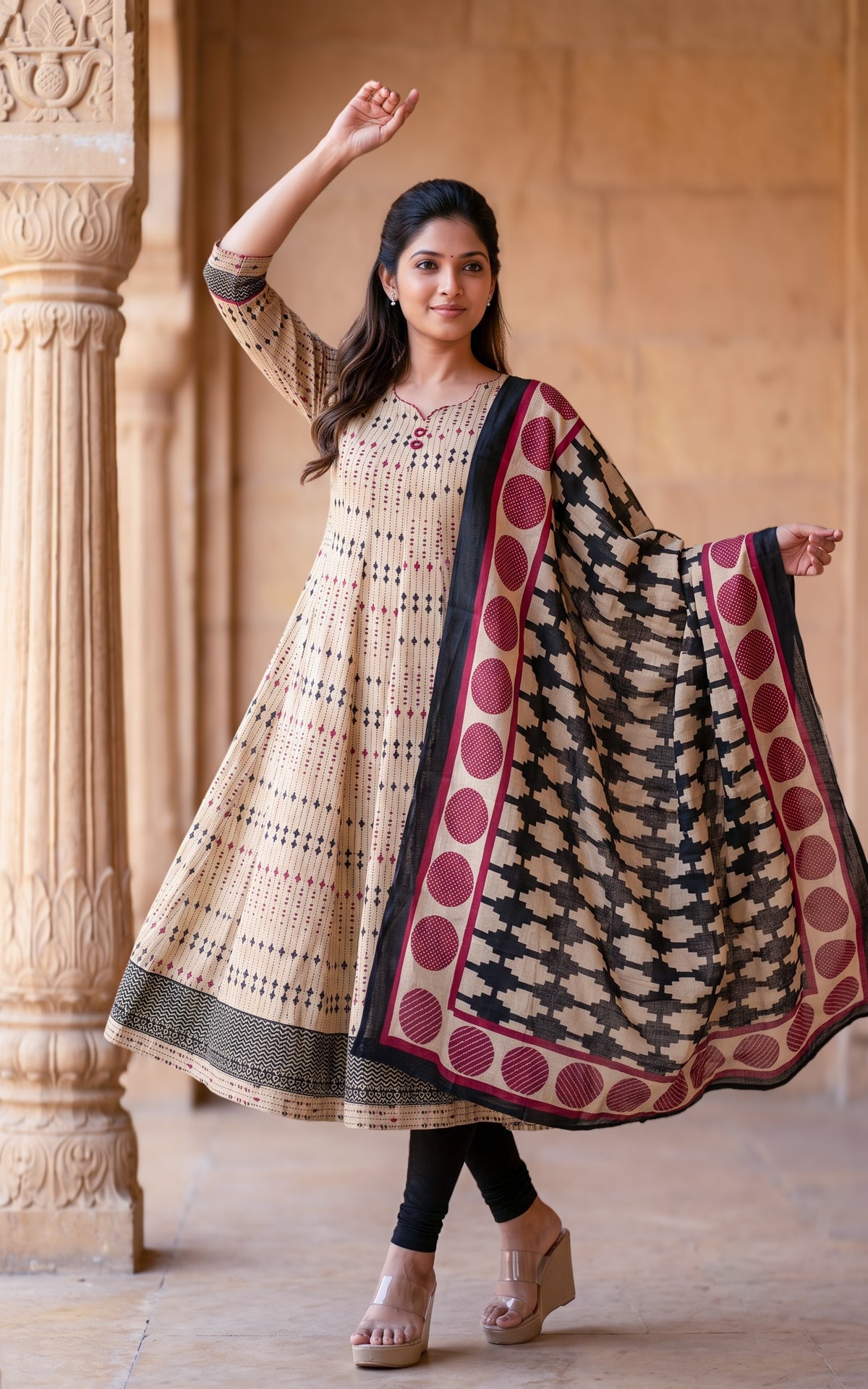 Beige and Black Cotton Casual Wear Anarkali Kurti with Dupatta for Women