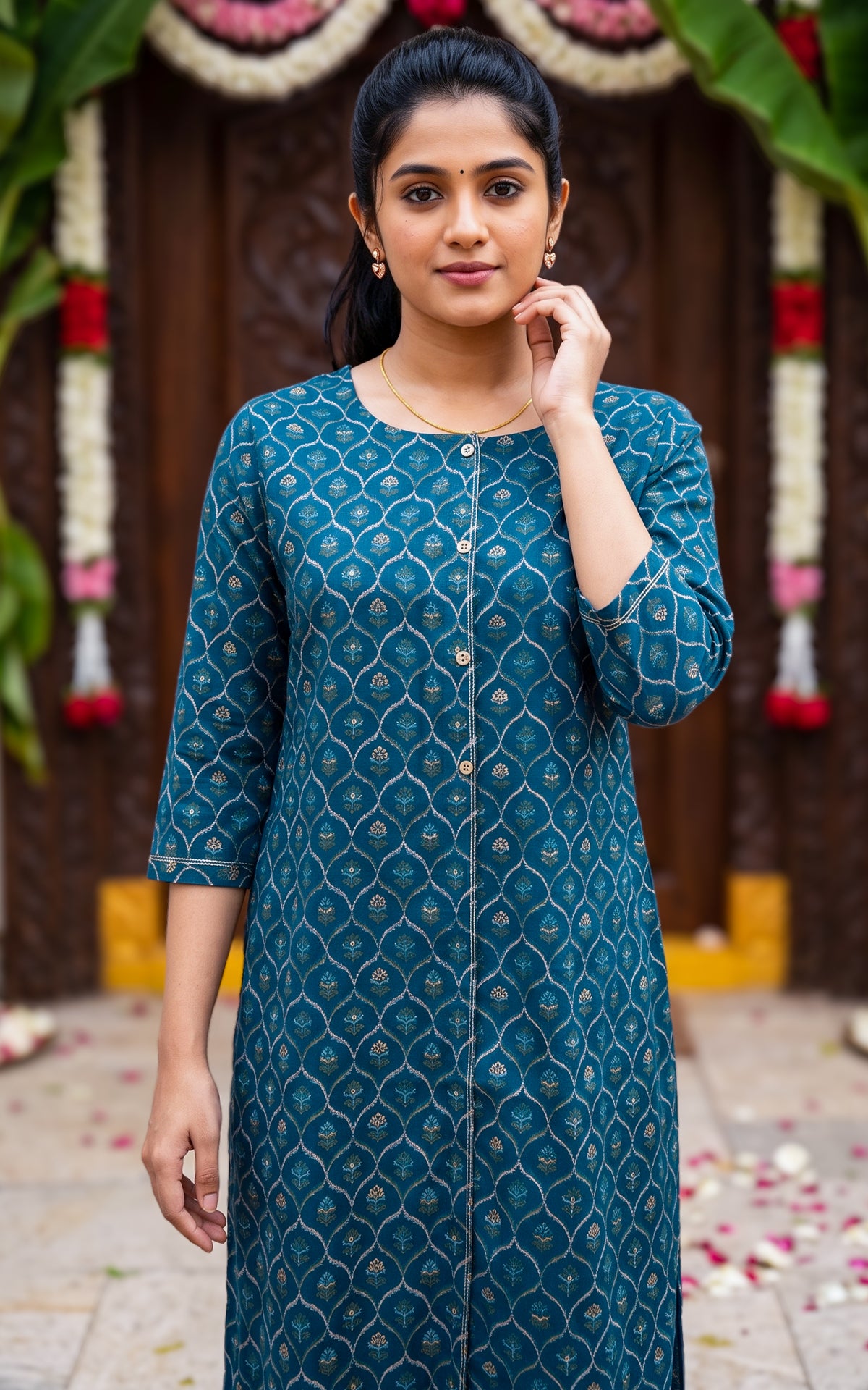 Peacock Blue Silk Cotton Festive Collection Kurti for Women