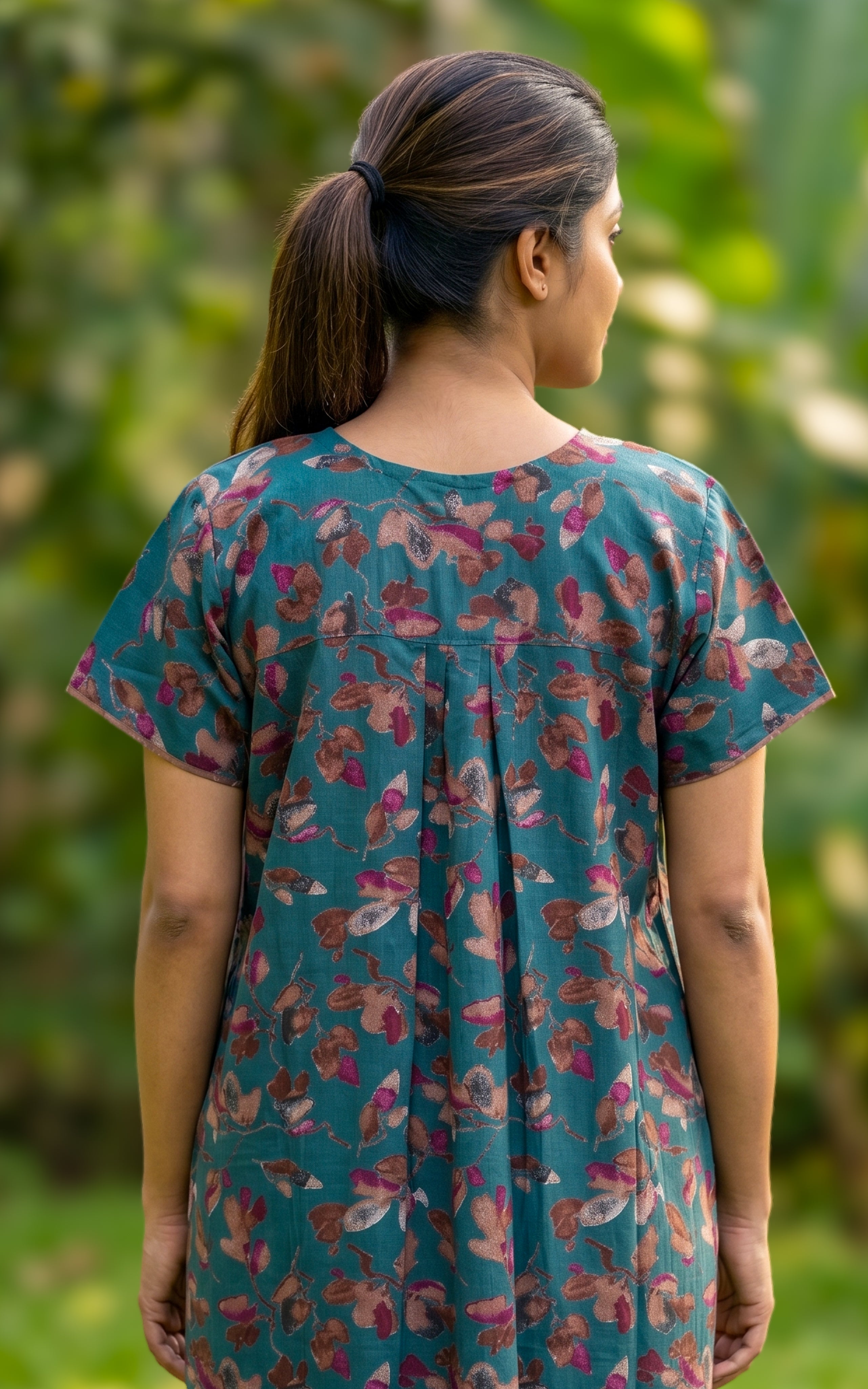 Instore - Teal Green Floral Print Cotton Long Nighty with Side Pocket, Relaxed Fit, Women's Sleepwear
