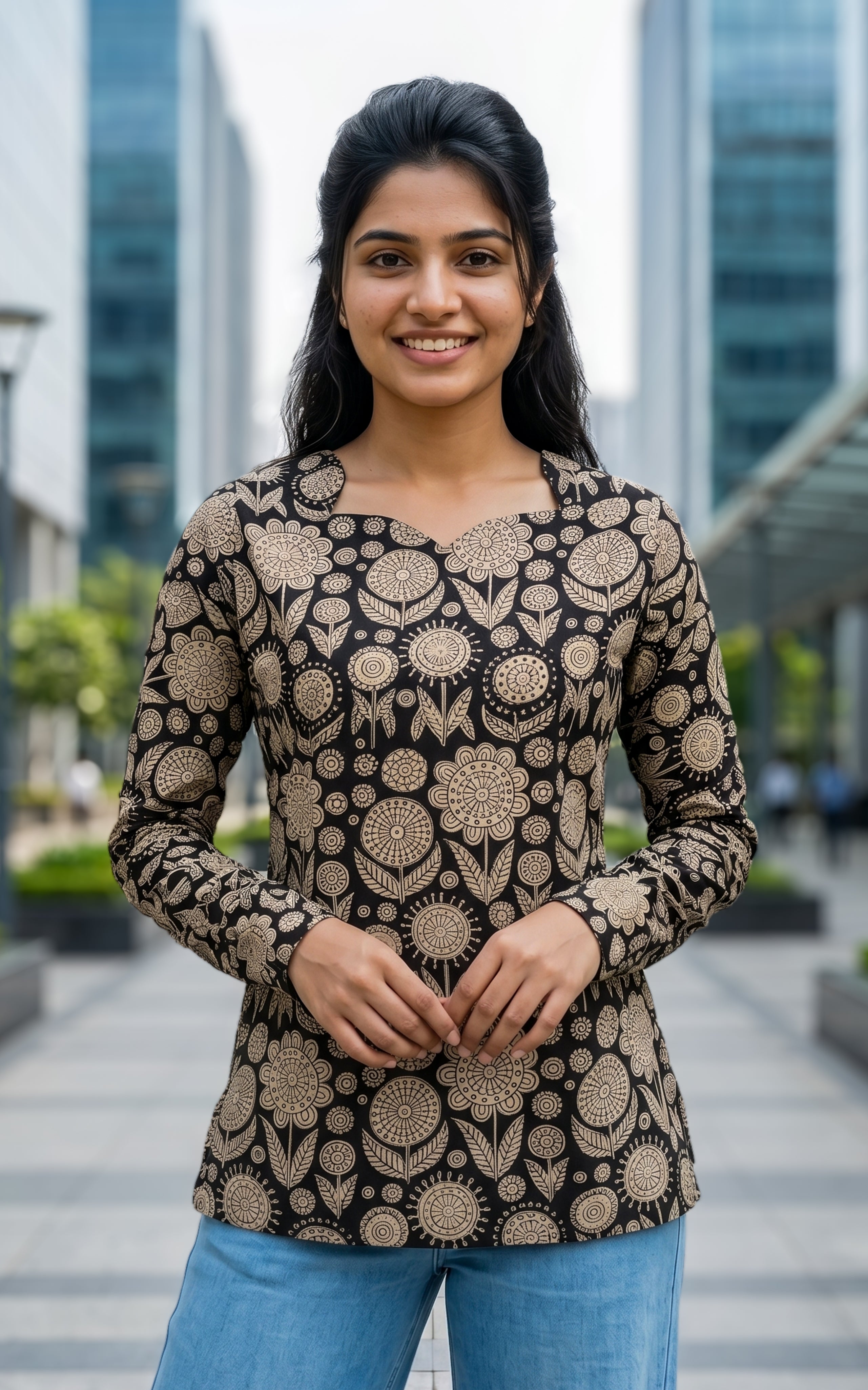 INSTORE -Taj Mahal -Cotton -Short Straight Cut Kurti -Sweet heart Neck-Gathered Sleeve -Daily vogue-college wear- Office wear