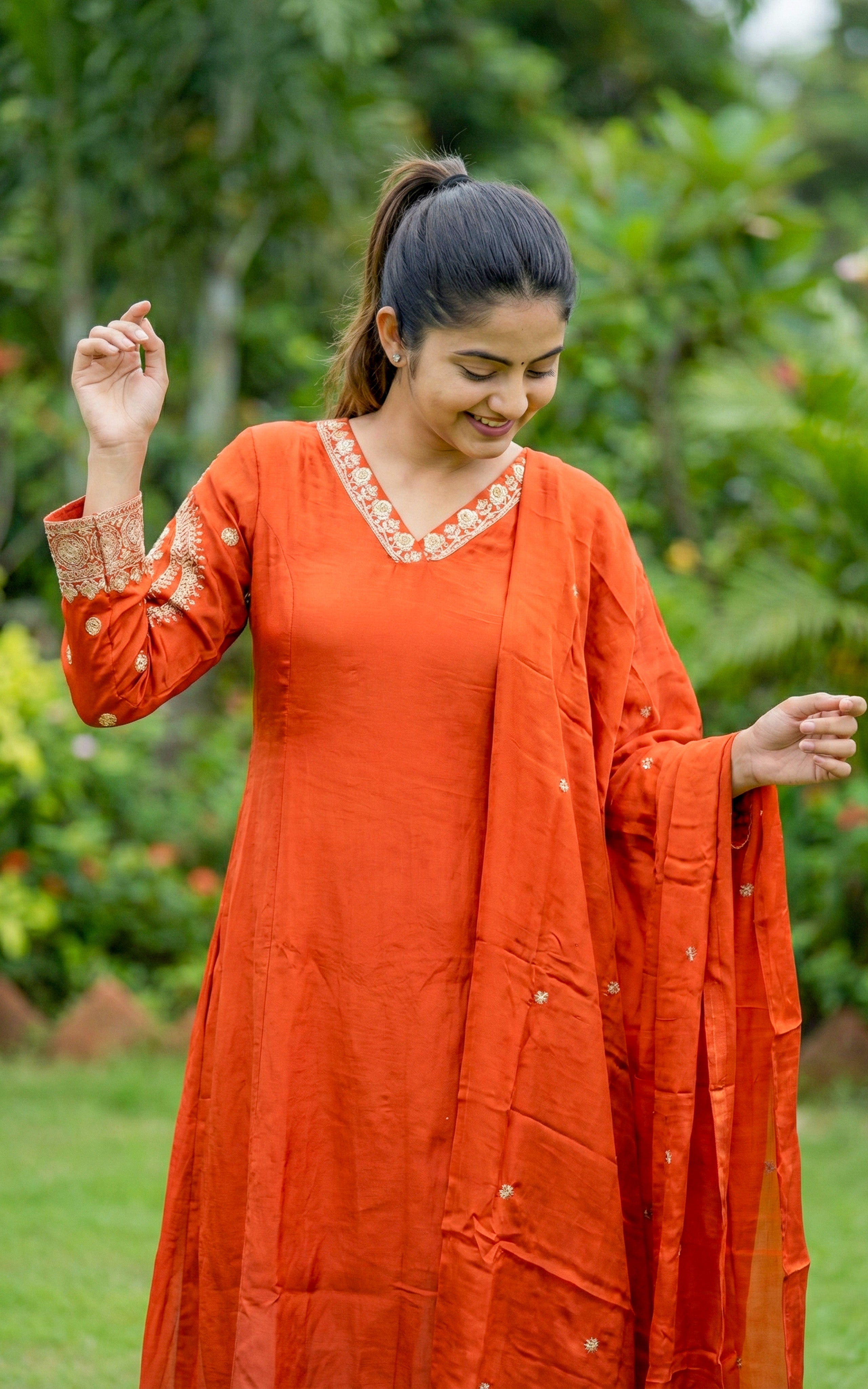 Instore - Orange Art Silk V Neck Sequence Embroidery Aline Kurti with Side Slit & One Side Pocket with Art Silk Dupatta