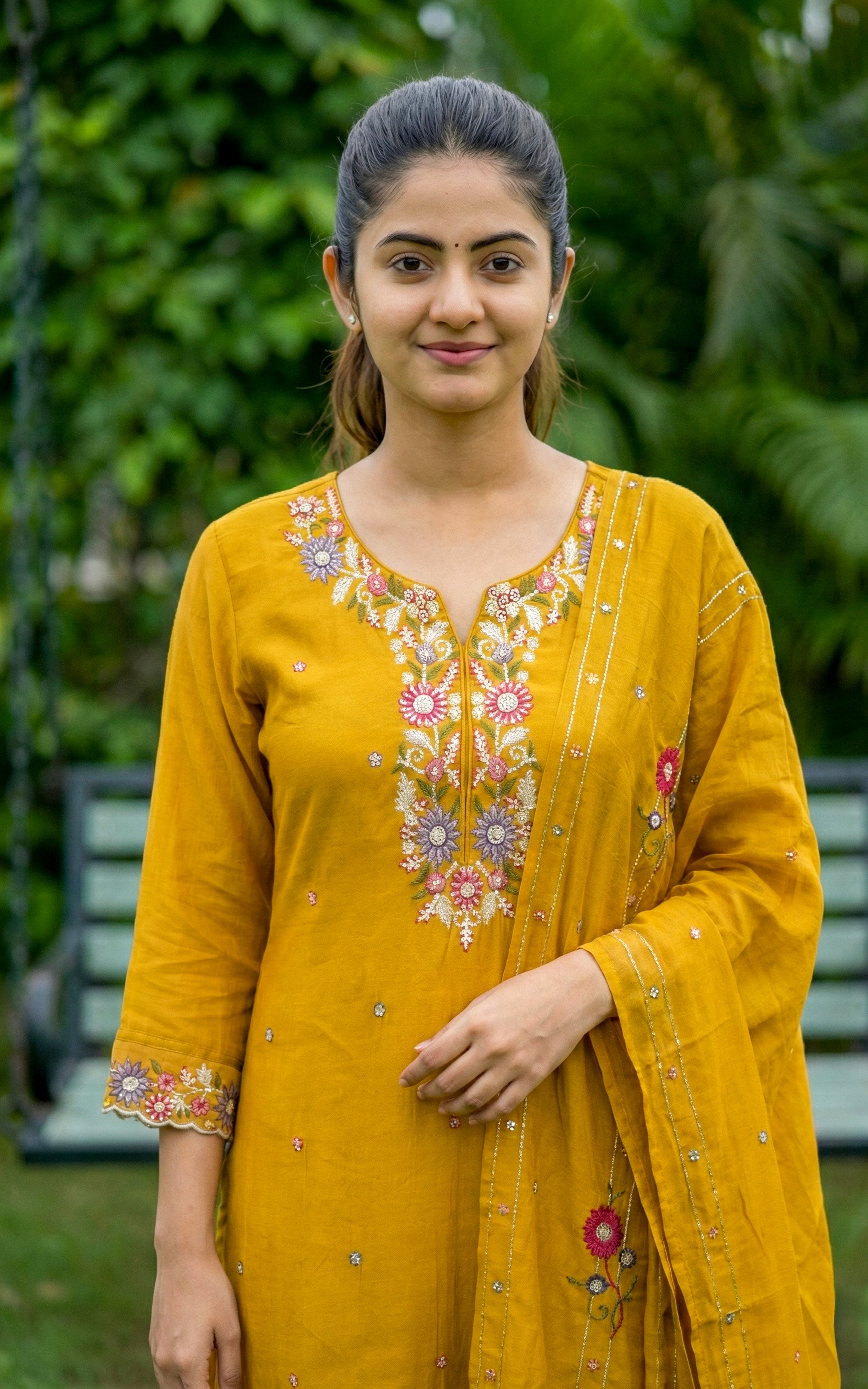 Instore - Mustard art silk straight cut kurti with floral embroidery & matching embroidered dupatta set