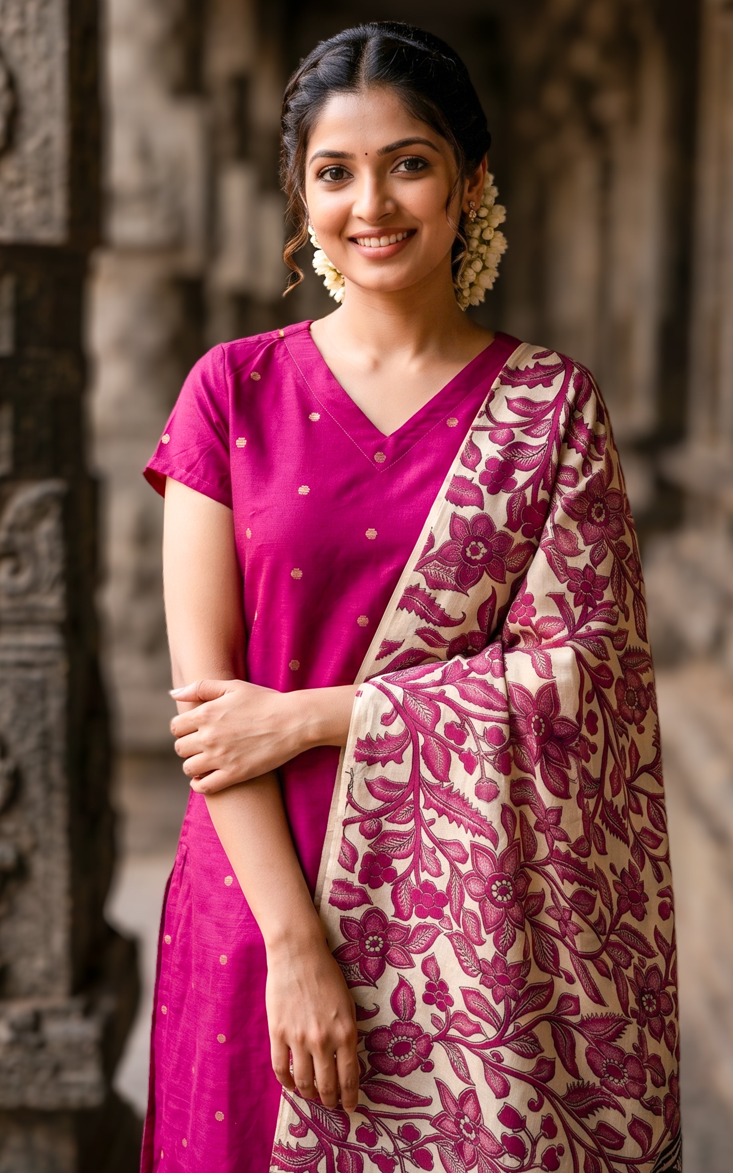 Pink silk cotton kurti set for women