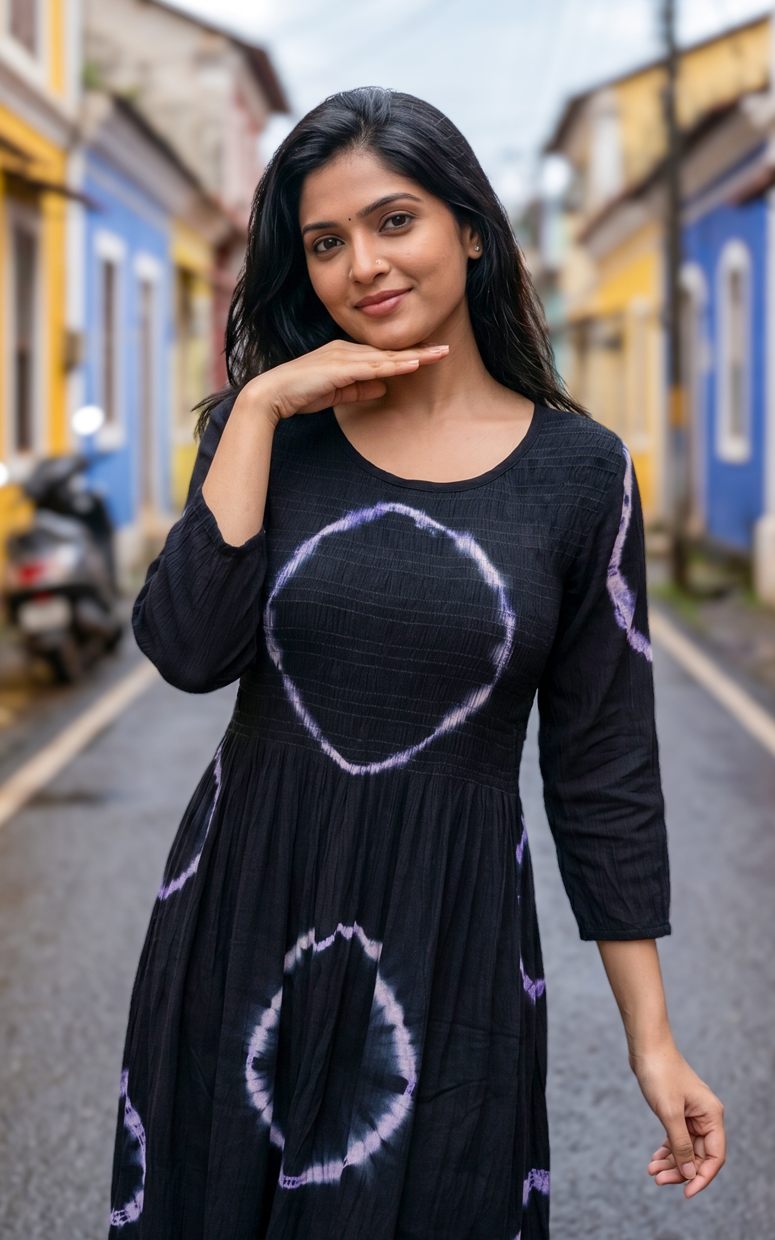 Instore - Black Color Viscose Smocked Indo Western Maxi, No Lining