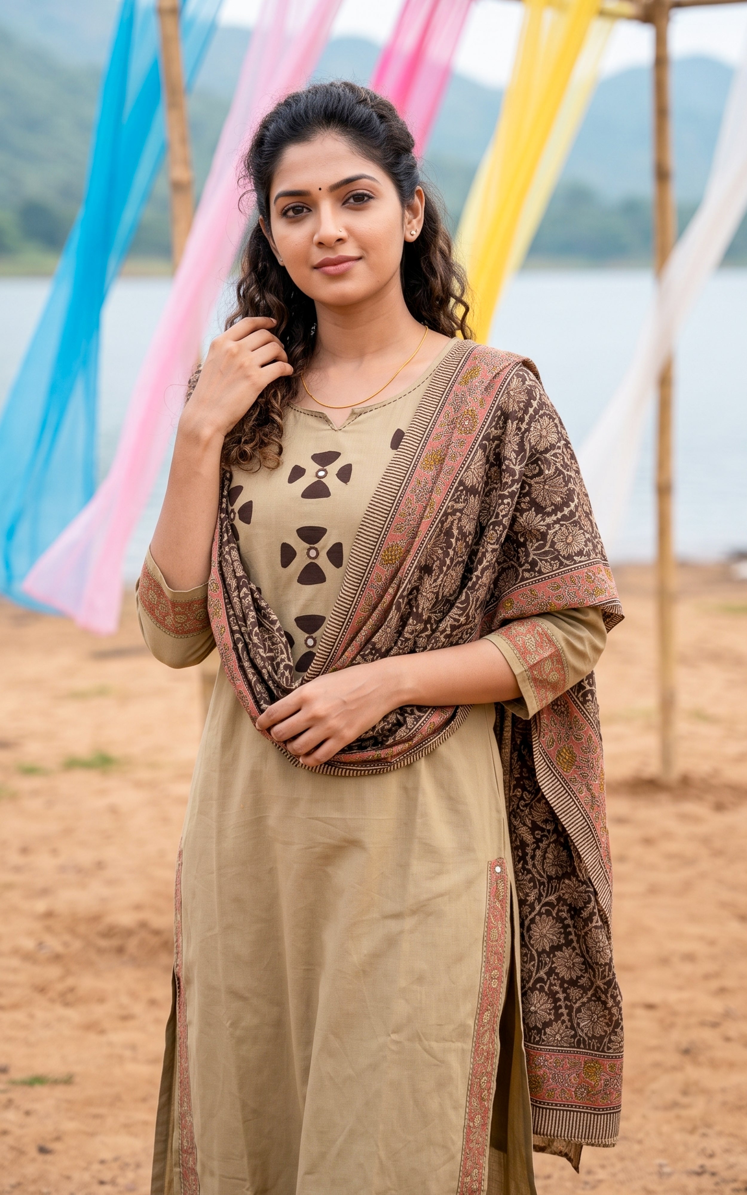 Instore – Beige Tharunya Handblock Kurti Pant Dupatta Set for Women – Cotton – Handblock Printed – Ethnic Wear