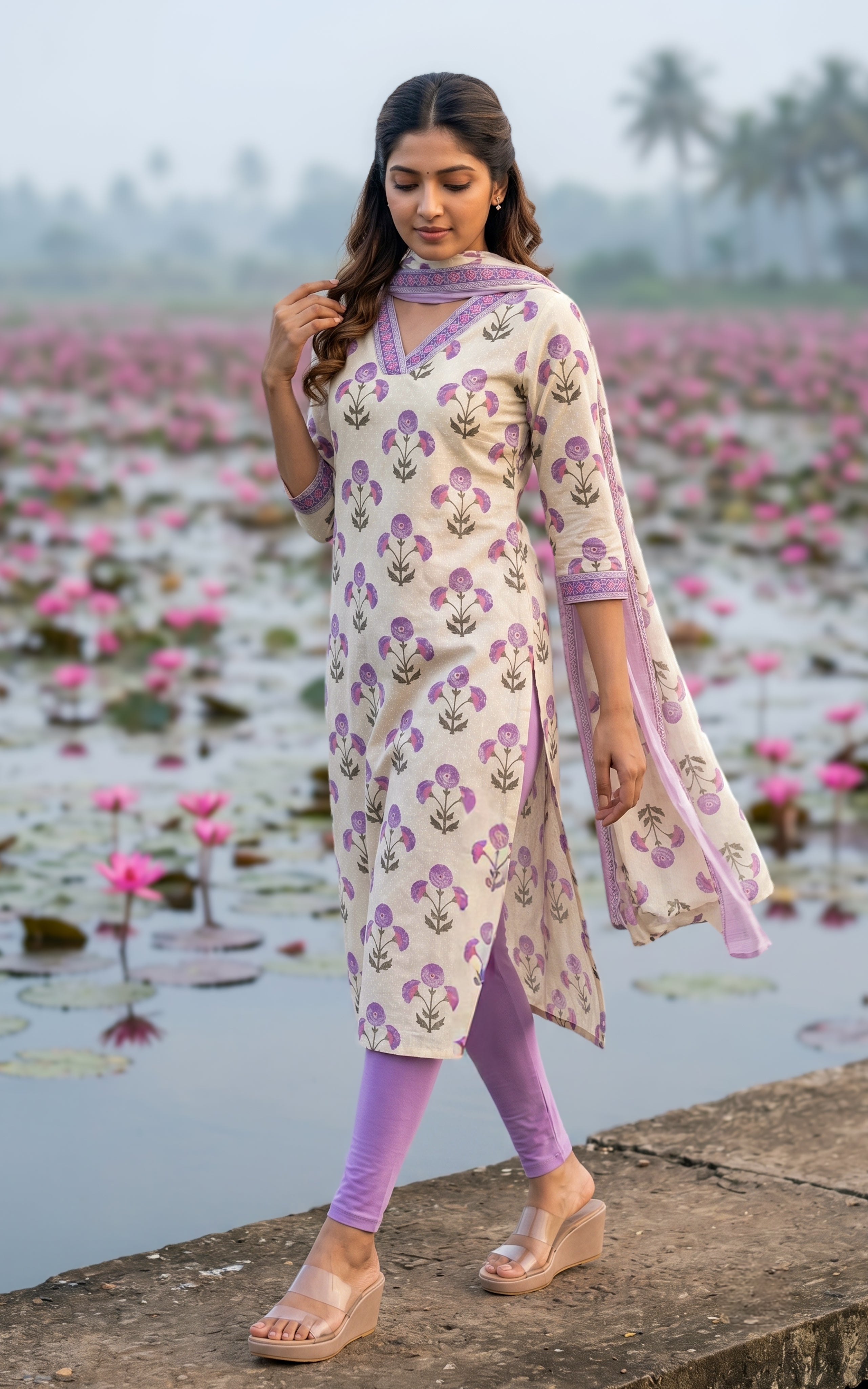 Instore-Venuka (Kurti+Dupatta)-Cotton-straight cut -Dupatta -cream-Summer collection-Daily wear-office wear-college wear-ethnic wear
