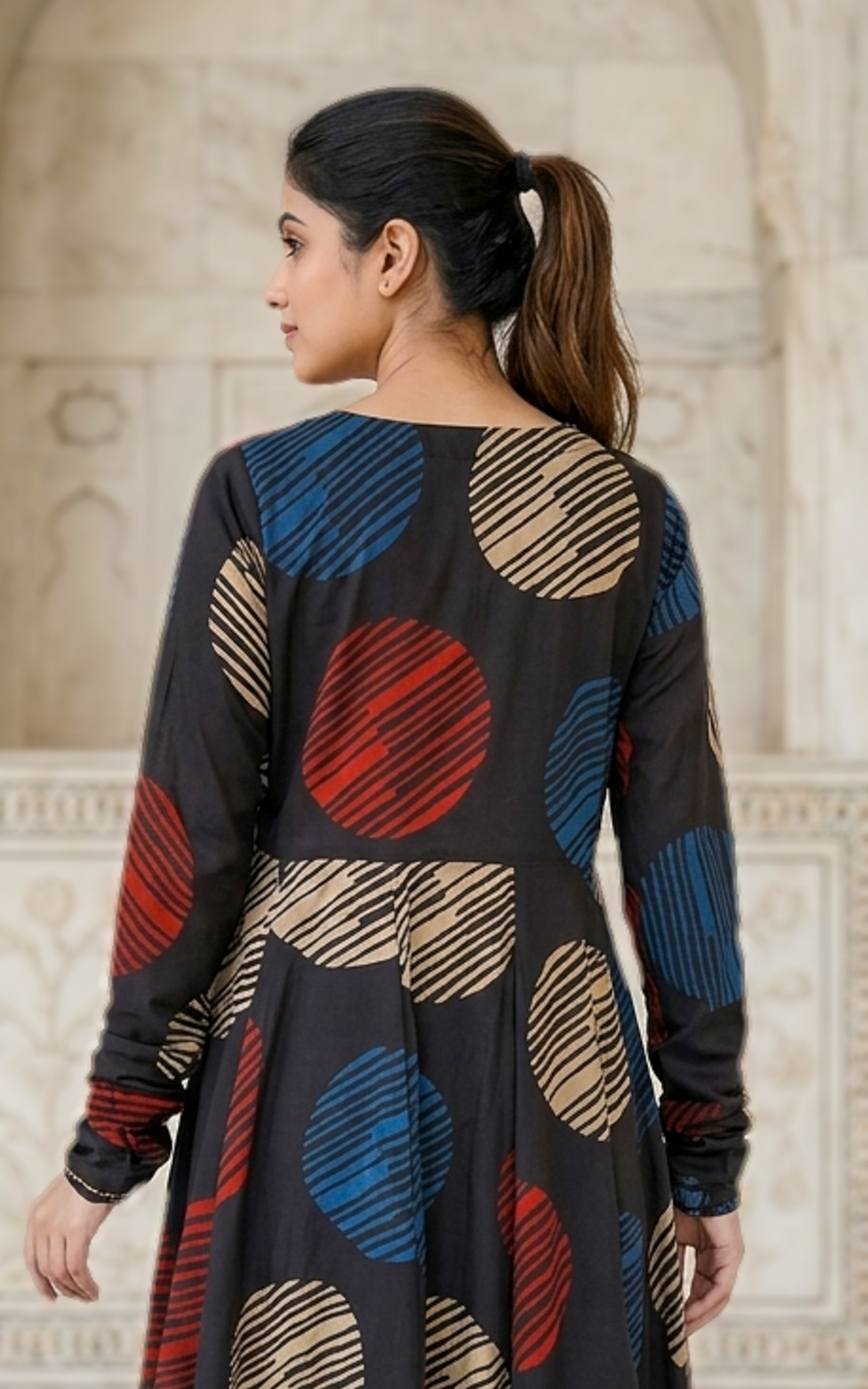 Instore - Black Color Printed Cotton Flared Anarkali Kurti with Line Embroidery & Sweetheart Neck with Gathered Sleeve