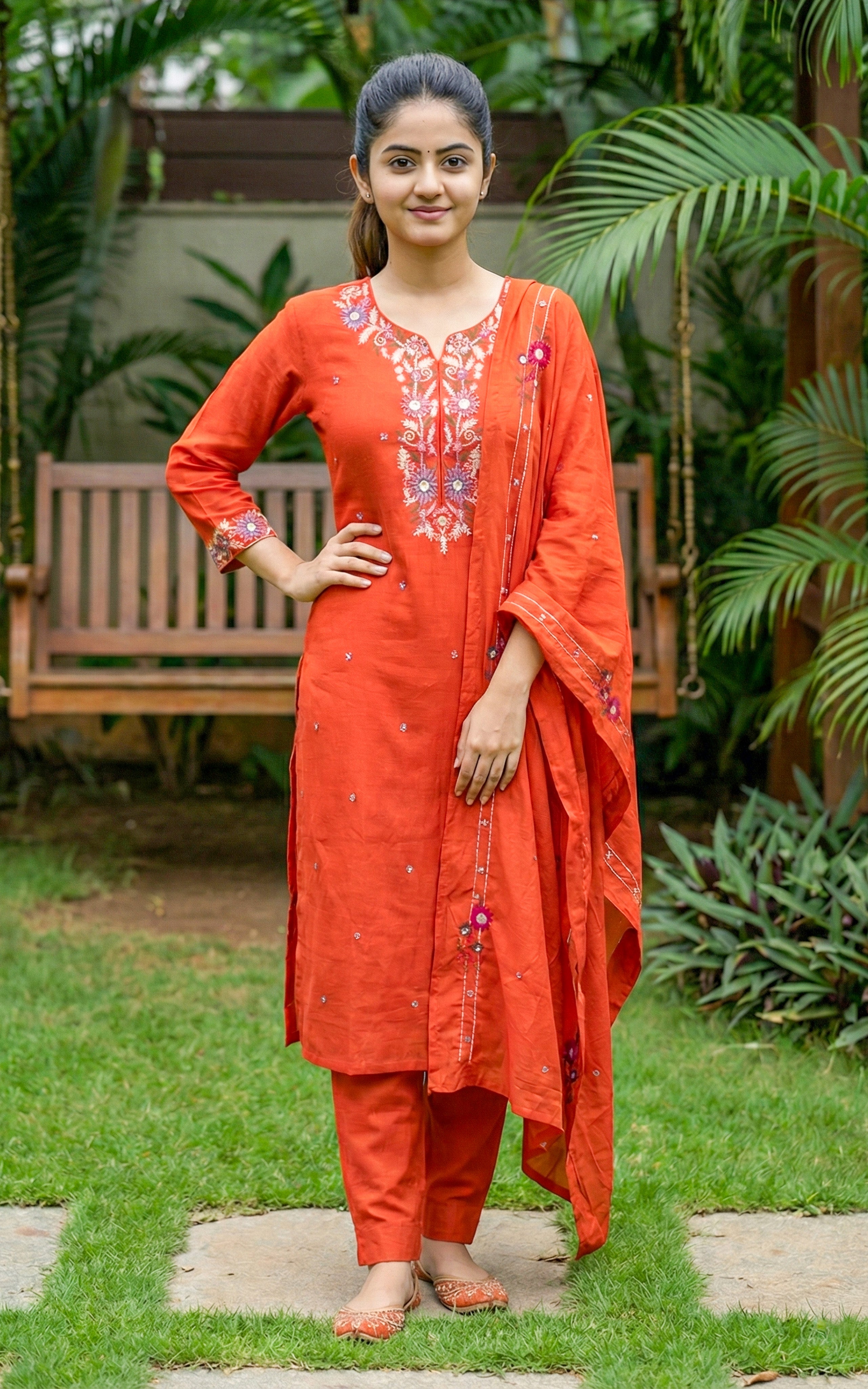 Floral Embroidery Straight Cut Kurti with dupatta