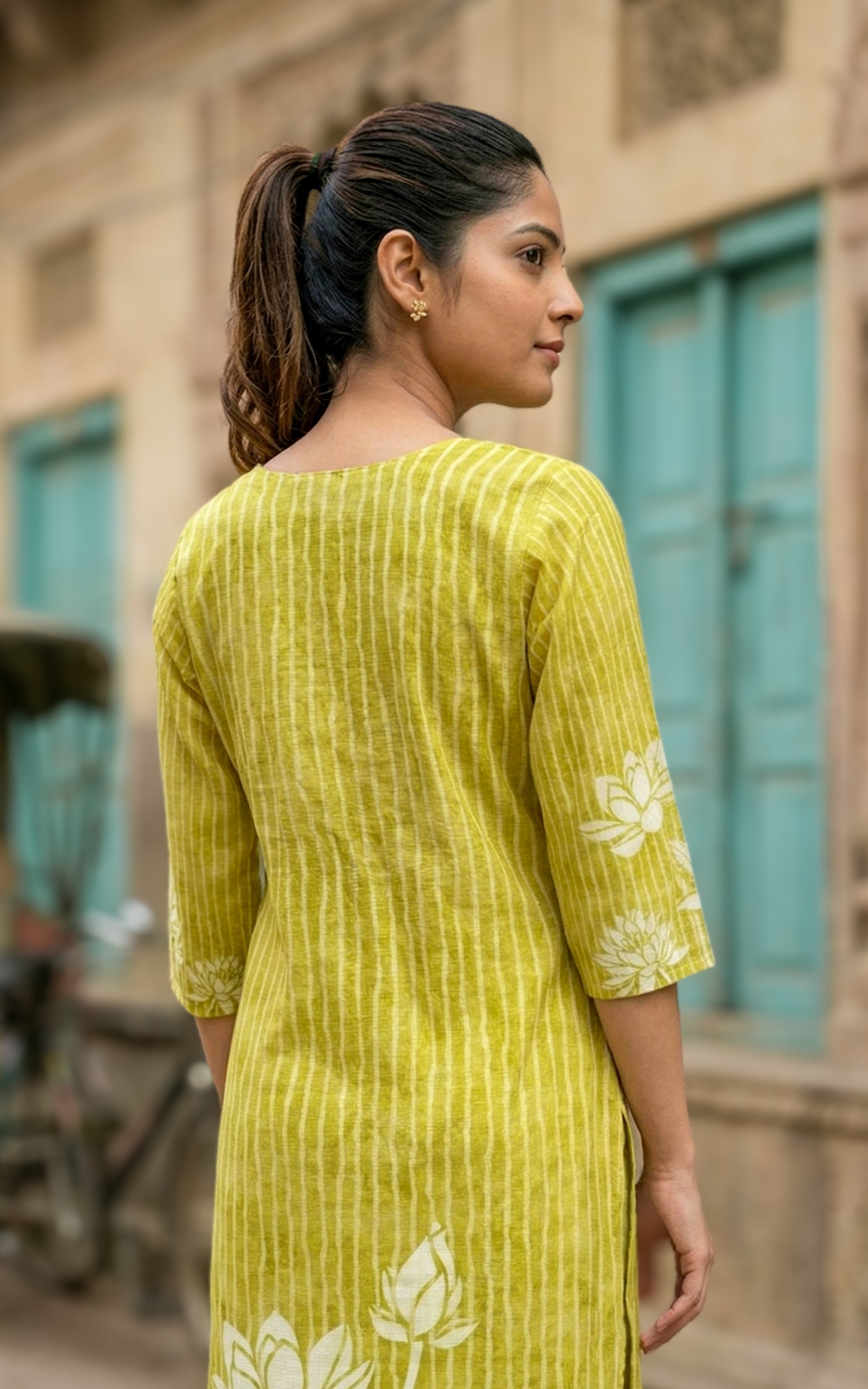 Instore - Mehandi Green Color Cotton Straight Cut Kurti with Side Slit, Straight Pant with Dupatta