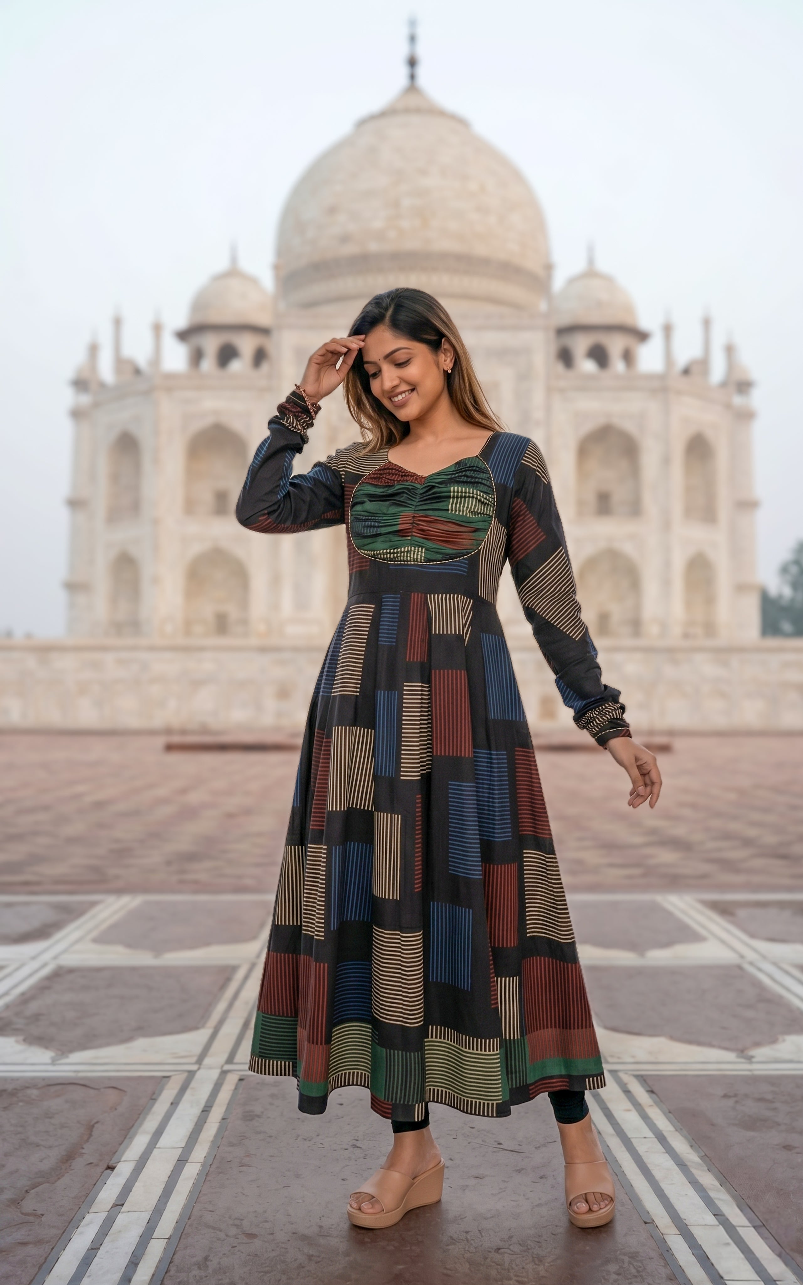Instore - Black Color Printed Cotton Flared Anarkali Kurti with Line Embroidery & Sweetheart Neck with Gathered Sleeve