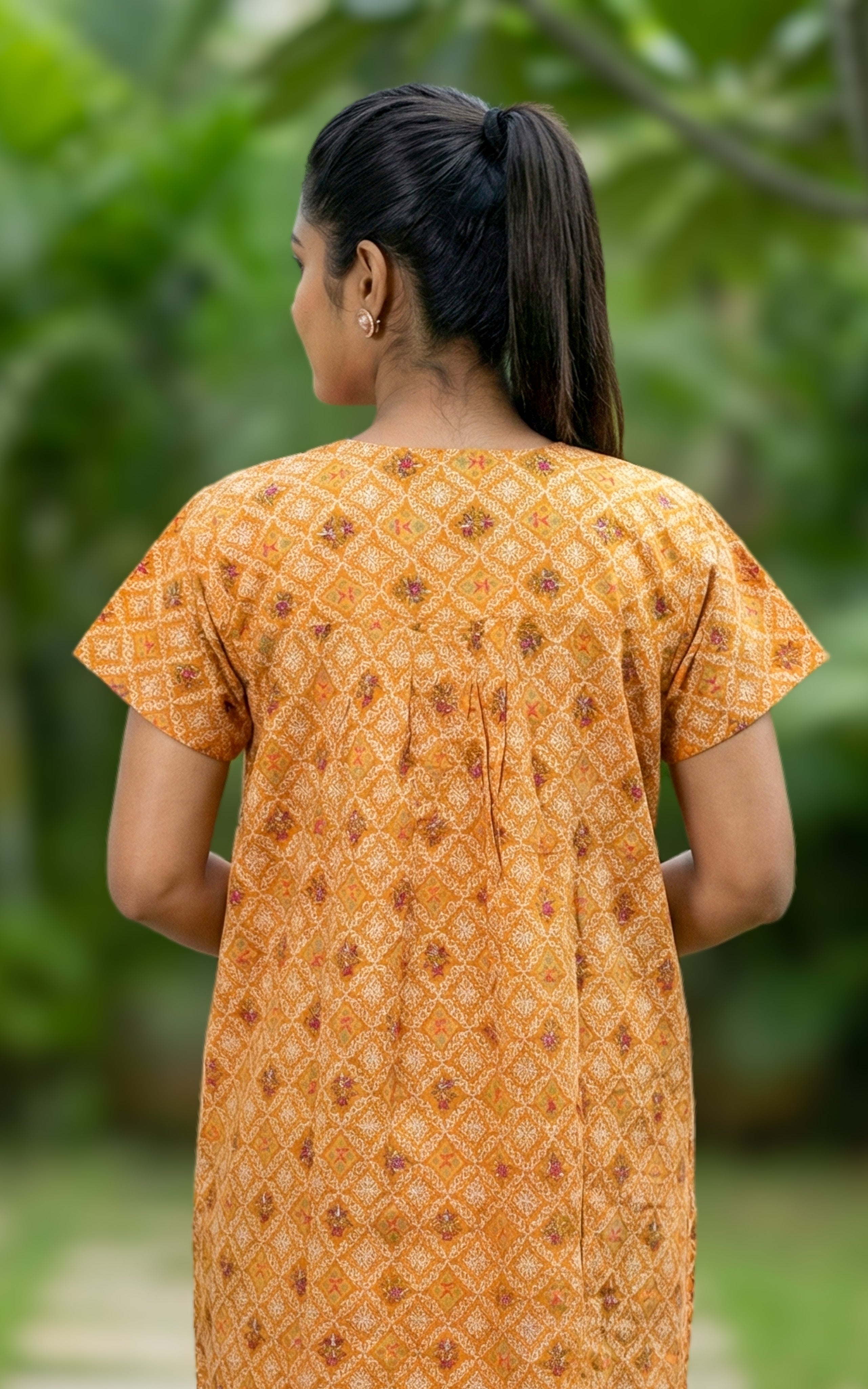 Instore – Mustard Cotton Long Nighty, All-Over Geometric Ethnic Print, Round Neck with Contrast Placket & Button Detailing, Relaxed Fit, Women's Sleepwear