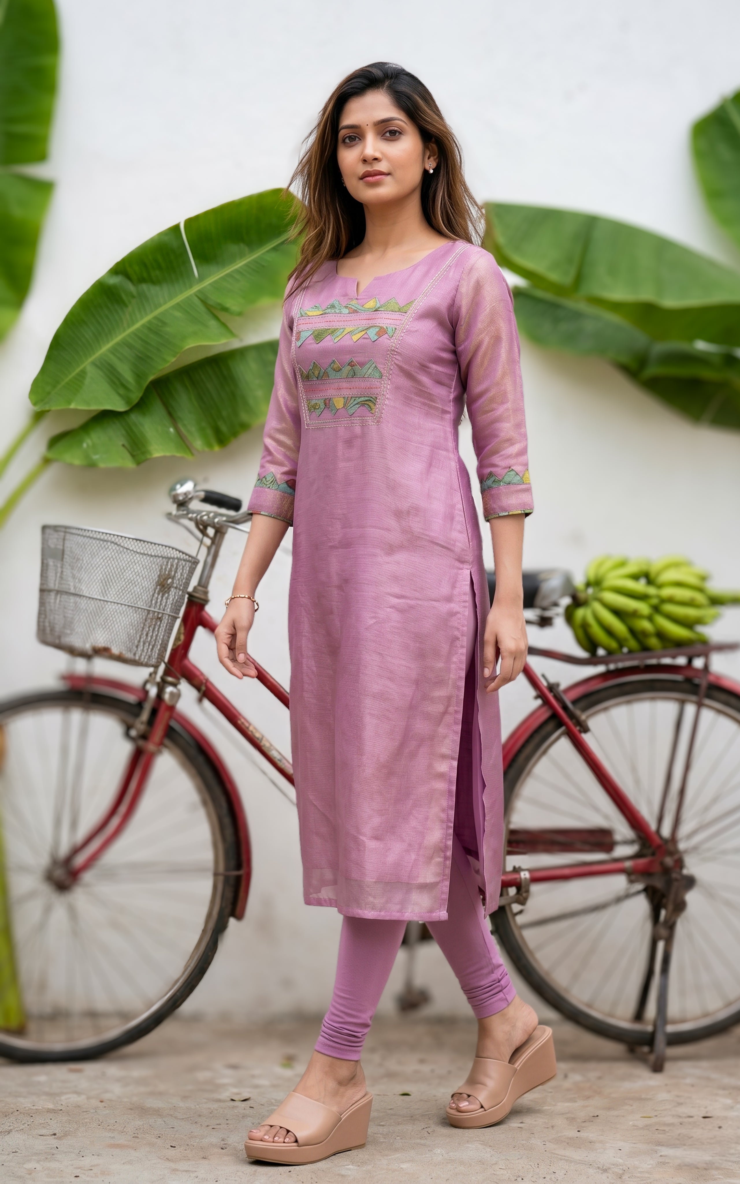 Women Pastel Lavender Kurti With Stylish Yoke Design